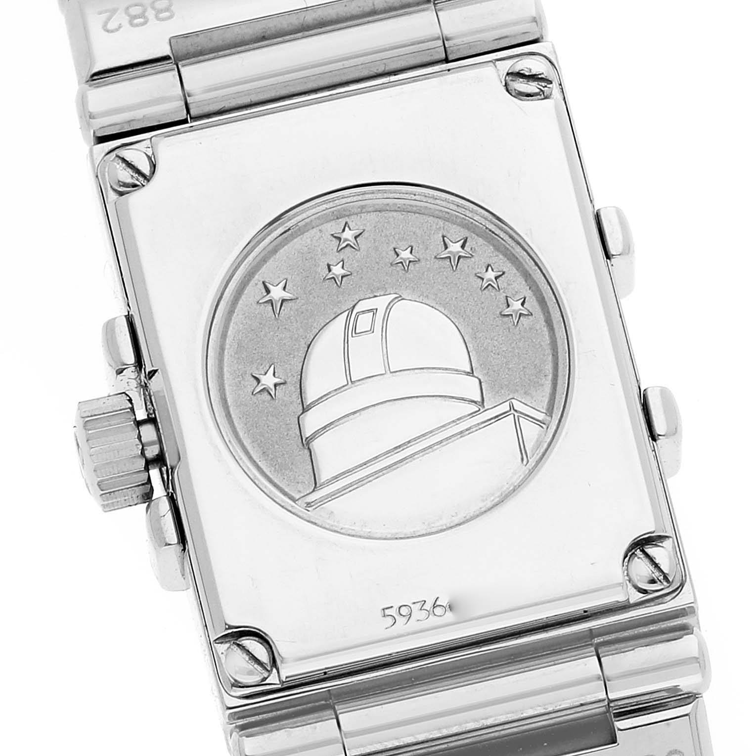 The image shows the back of the Omega 1539.77.00 Women
s Stainless Steel Mother of Pearl Dial 1539.77.00 Women
s Stainless Steel Mother of Pearl Dial Constellation Quadra MOP Diamond Steel Ladies Watch 1539.77.00, highlighting the observatory engraving.