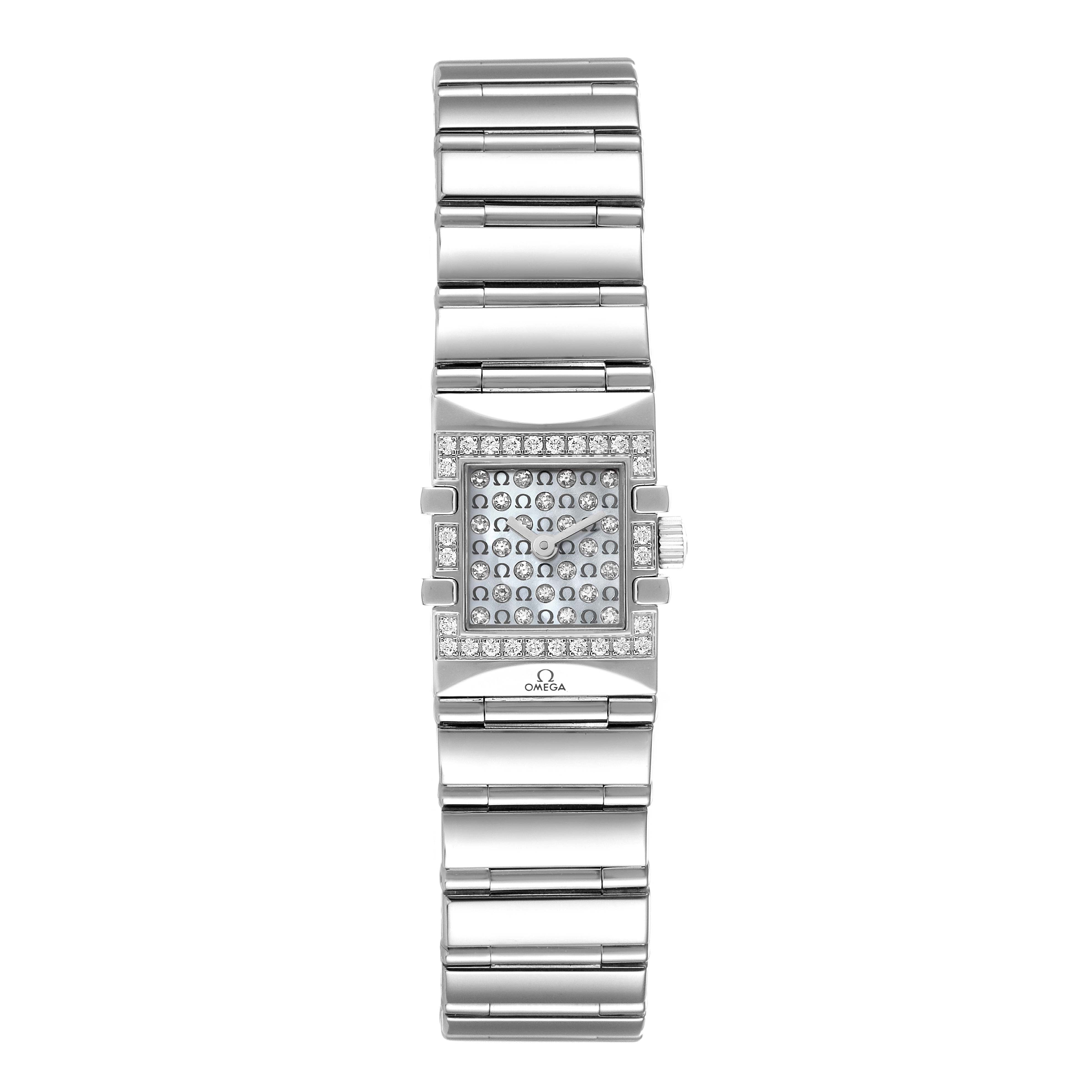 The image shows a front view of the Omega 1539.77.00 Women
s Stainless Steel Mother of Pearl Dial 1539.77.00 Women
s Stainless Steel Mother of Pearl Dial Constellation Quadra MOP Diamond Steel Ladies Watch 1539.77.00, featuring its bracelet and diamond-adorned face.