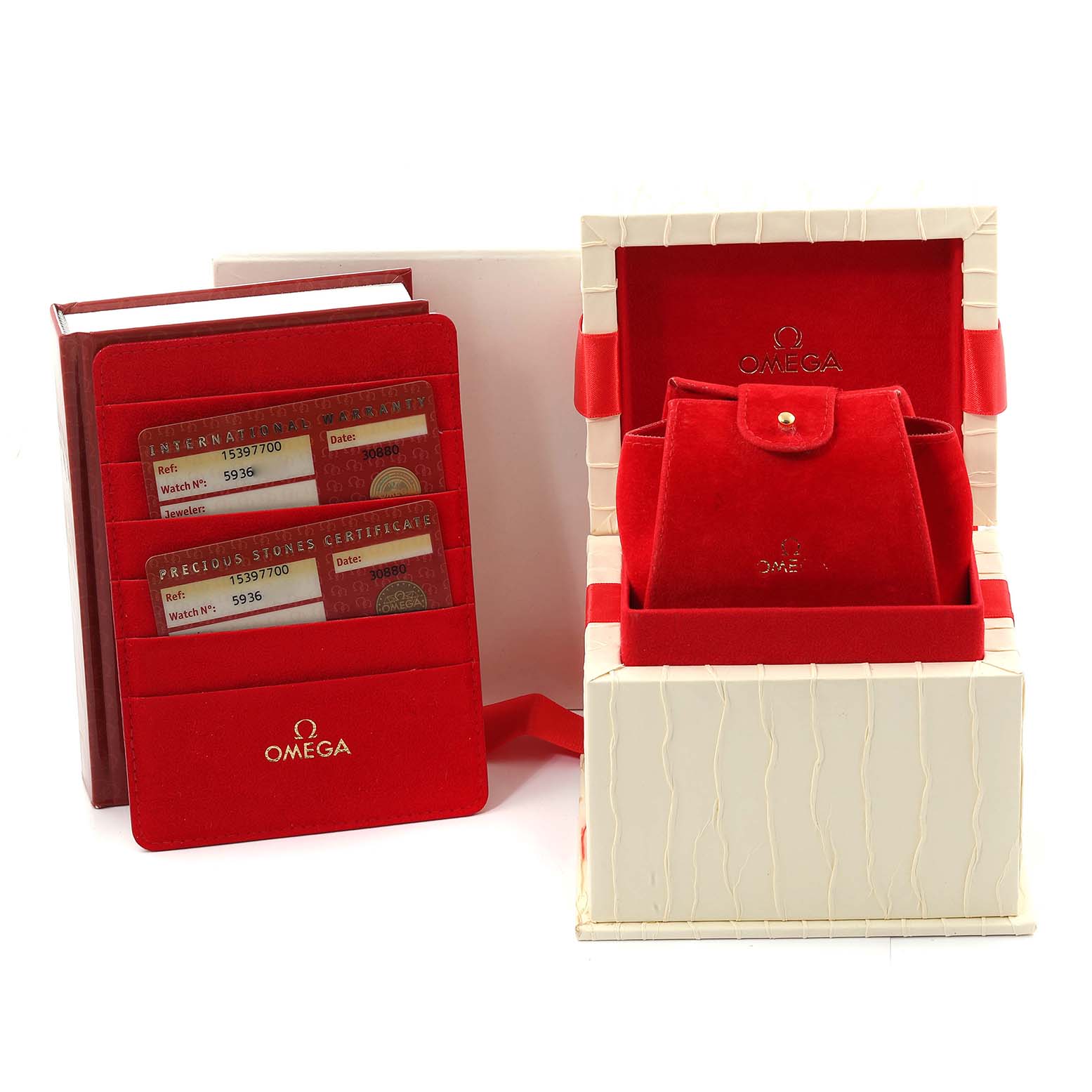 The image shows the Omega 1539.77.00 Women
s Stainless Steel Mother of Pearl Dial 1539.77.00 Women
s Stainless Steel Mother of Pearl Dial Constellation Quadra MOP Diamond Steel Ladies Watch 1539.77.00 with its box, certificate holder, and paperwork.