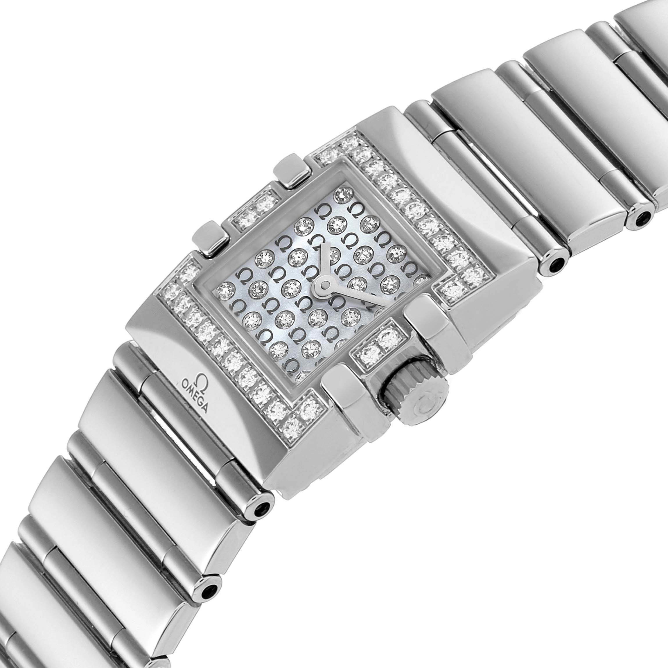 The image shows an angled view of the Omega 1539.77.00 Women
s Stainless Steel Mother of Pearl Dial 1539.77.00 Women
s Stainless Steel Mother of Pearl Dial Constellation Quadra MOP Diamond Steel Ladies Watch 1539.77.00, focusing on the diamond-studded face and band.