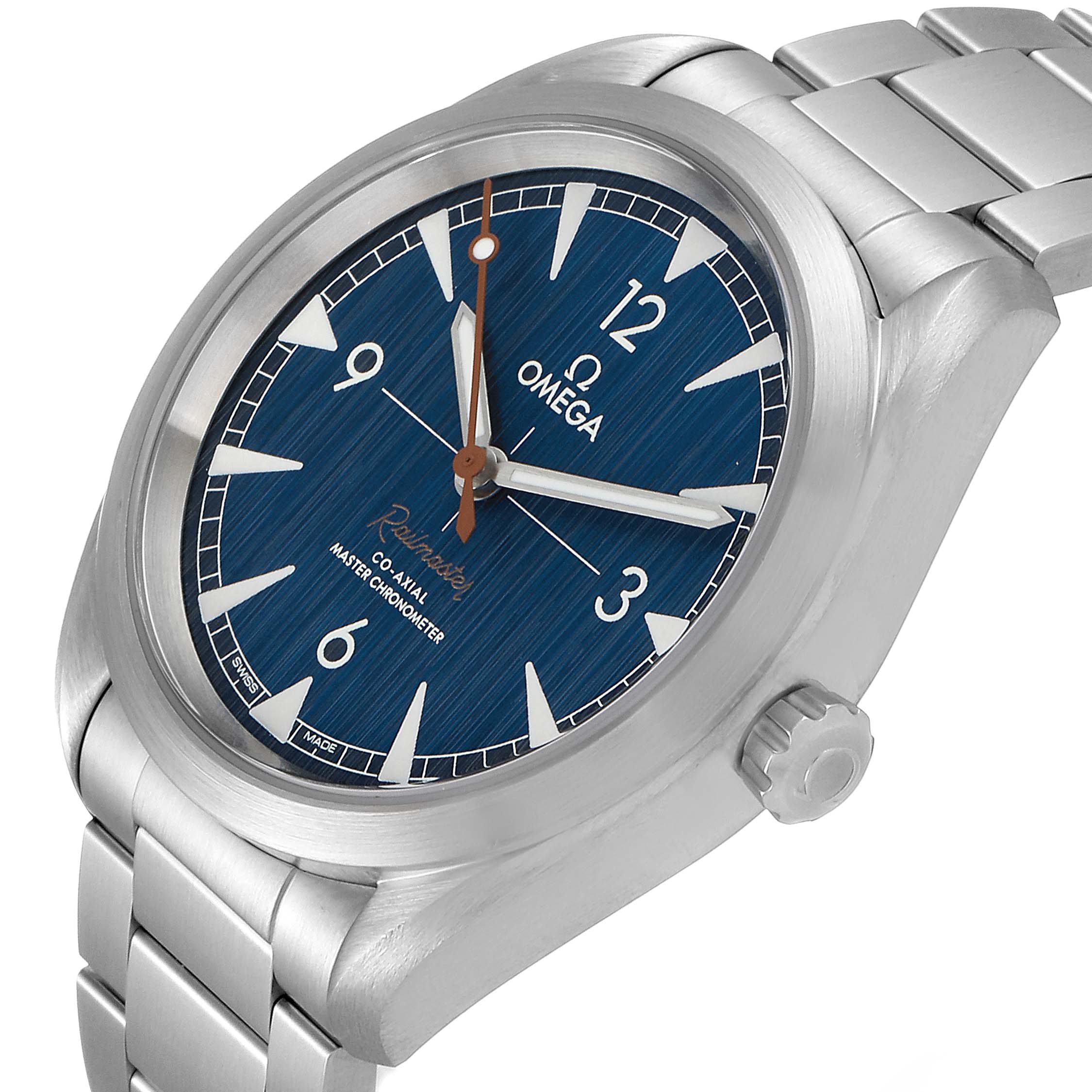 This image shows a 3/4 angled view of the Omega Seamaster 220.10.40.20.03.001 Men
s Stainless Steel Blue Dial 220.10.40.20.03.001 Men
s Stainless Steel Blue Dial watch displaying the dial, bezel, and part of the bracelet.