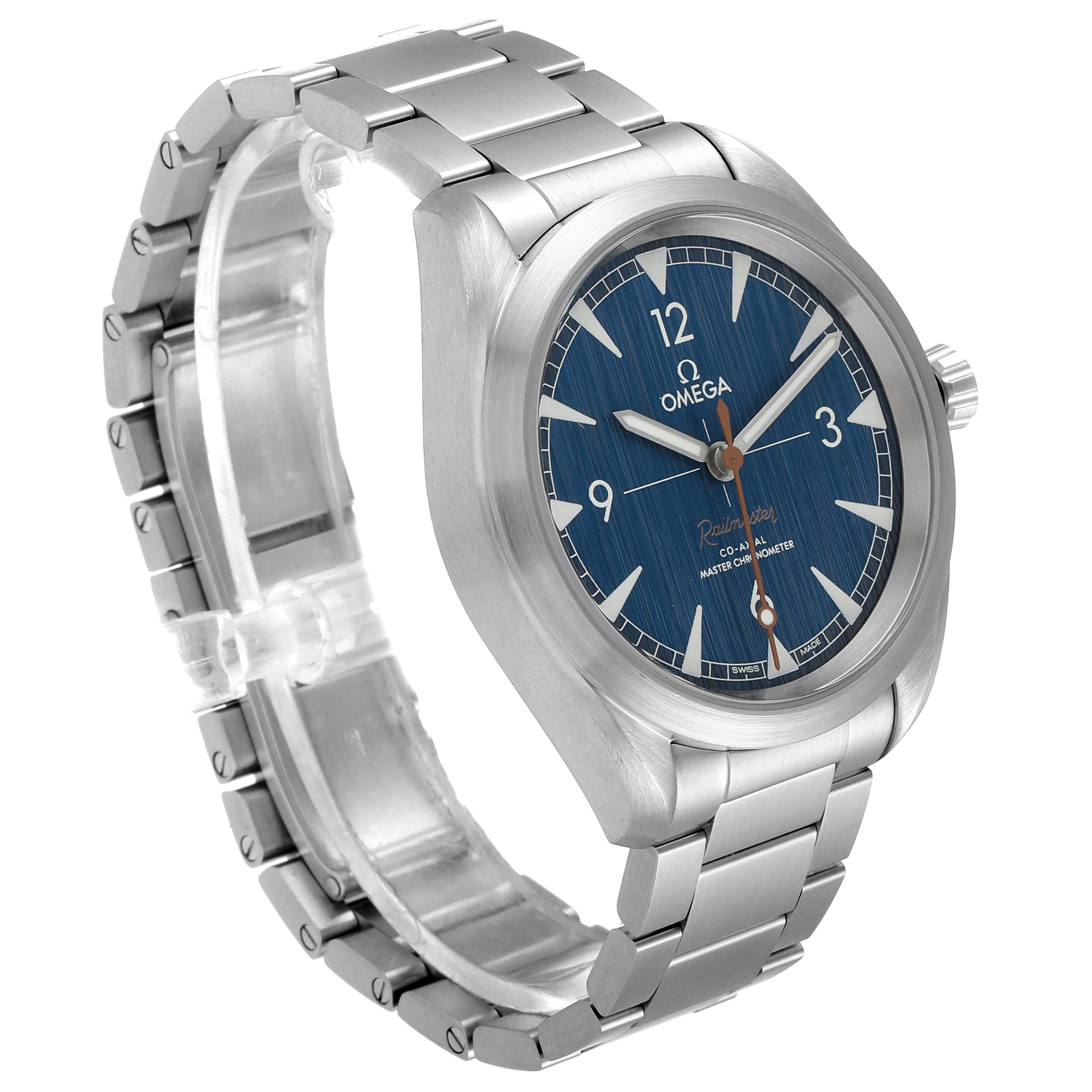 This Omega Seamaster 220.10.40.20.03.001 Men
s Stainless Steel Blue Dial 220.10.40.20.03.001 Men
s Stainless Steel Blue Dial watch is shown from an angle highlighting its blue dial, silver case, and metal bracelet.