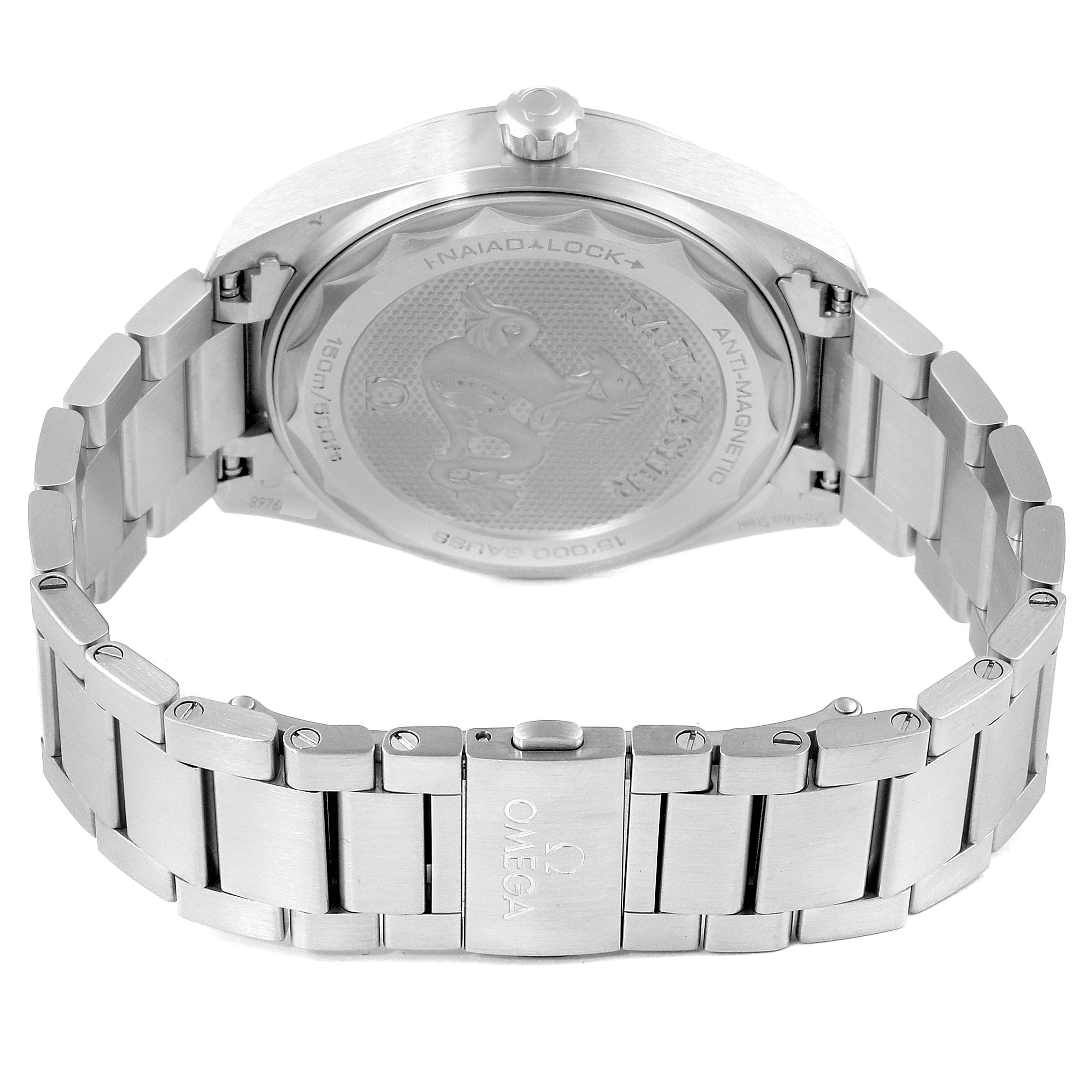 The image shows the back view of an Omega Seamaster 220.10.40.20.03.001 Men
s Stainless Steel Blue Dial 220.10.40.20.03.001 Men
s Stainless Steel Blue Dial watch, highlighting the case back and stainless steel bracelet.