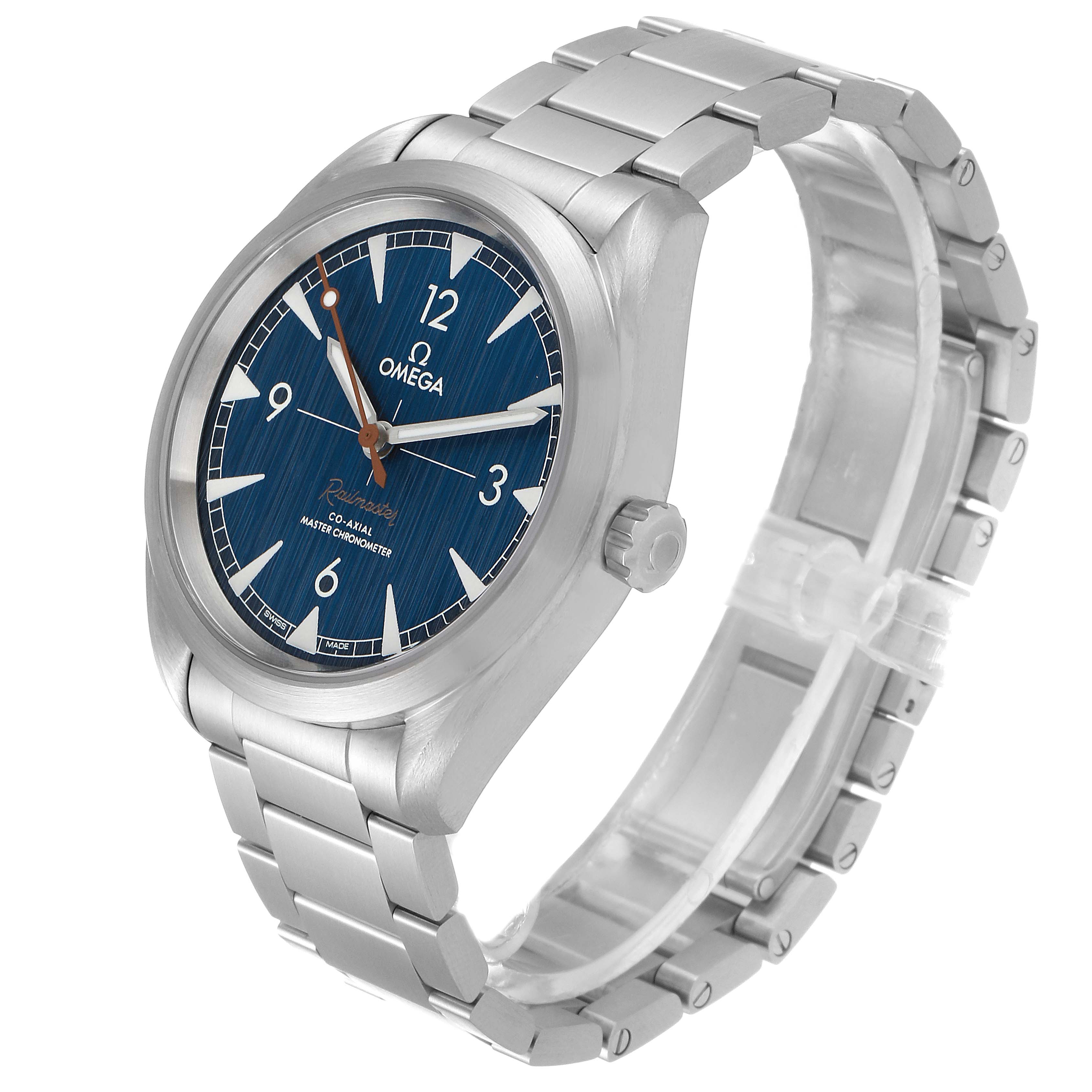 The image shows an Omega Seamaster 220.10.40.20.03.001 Men
s Stainless Steel Blue Dial 220.10.40.20.03.001 Men
s Stainless Steel Blue Dial watch, angled from the front-left, displaying its blue dial, stainless steel case, and bracelet.