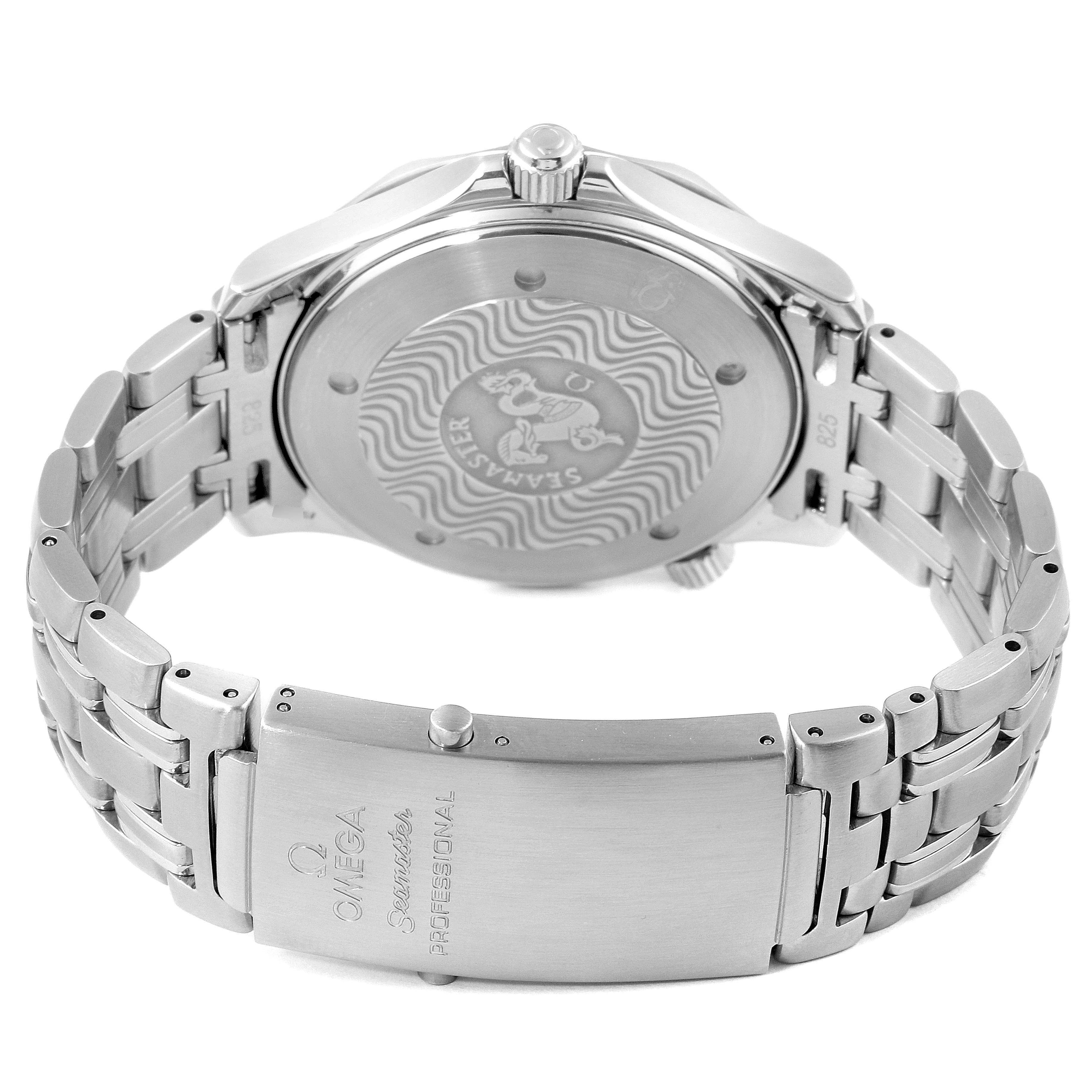 The image shows the back case and stainless steel bracelet of the Omega Seamaster 2531.80.00 Men
s Stainless Steel Blue Dial 2531.80.00 Men
s Stainless Steel Blue Dial watch, including the clasp and engraved case back.