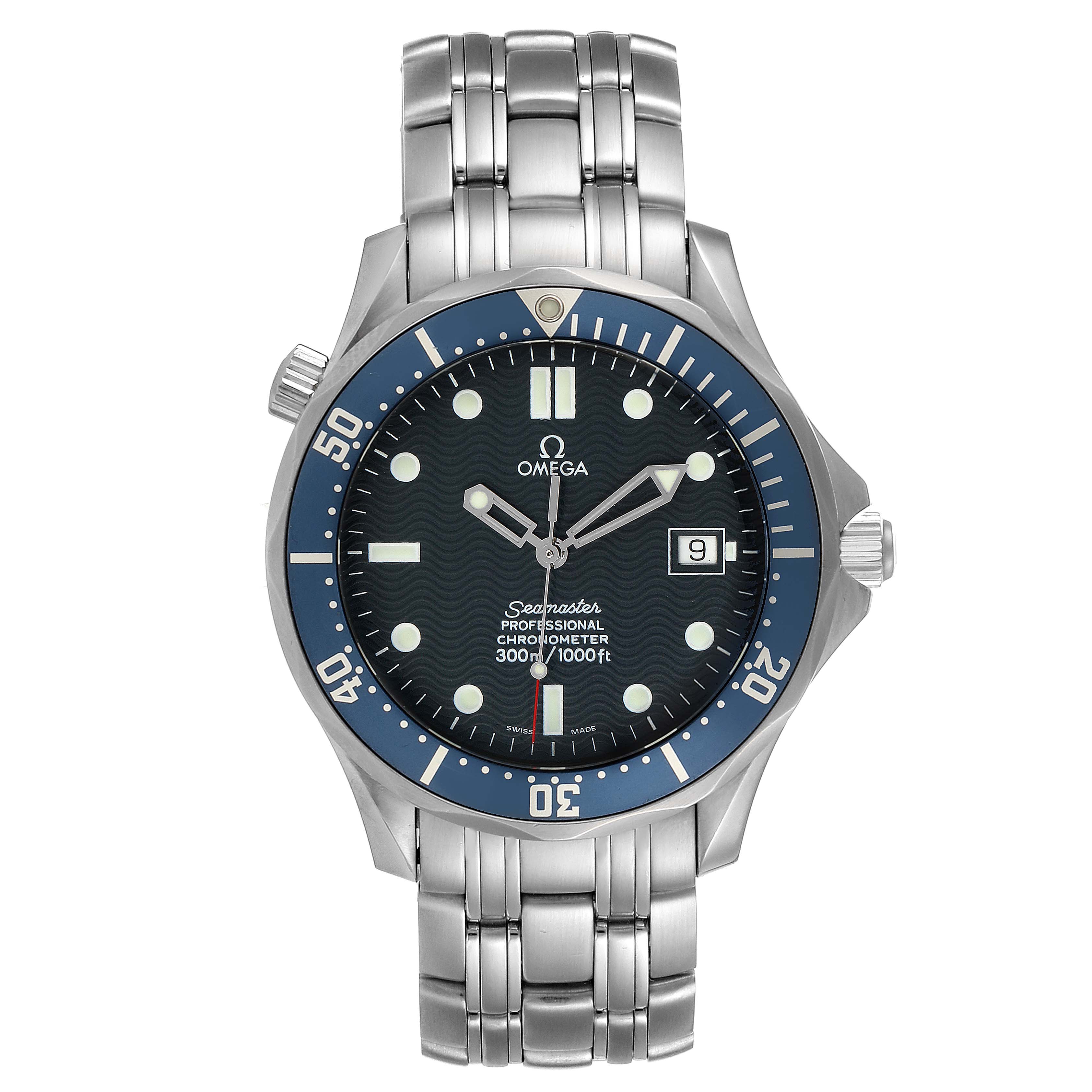 The image shows a front view of an Omega Seamaster 2531.80.00 Men
s Stainless Steel Blue Dial 2531.80.00 Men
s Stainless Steel Blue Dial watch, highlighting its face, bezel, and bracelet.