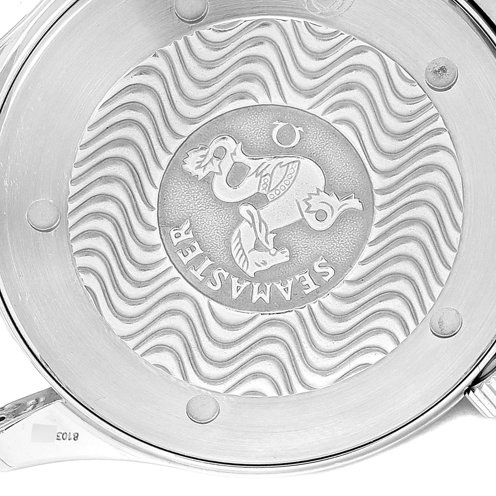 The image shows a close-up of the case back of an Omega Seamaster 2531.80.00 Men
s Stainless Steel Blue Dial 2531.80.00 Men
s Stainless Steel Blue Dial watch.