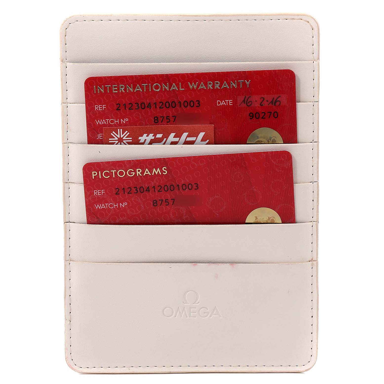 This image shows warranty and pictogram cards in a white cardholder for the Omega Seamaster 212.30.41.20.01.003 Men's Stainless Steel Black Dial 212.30.41.20.01.003 Men's Stainless Steel Black Dial model.