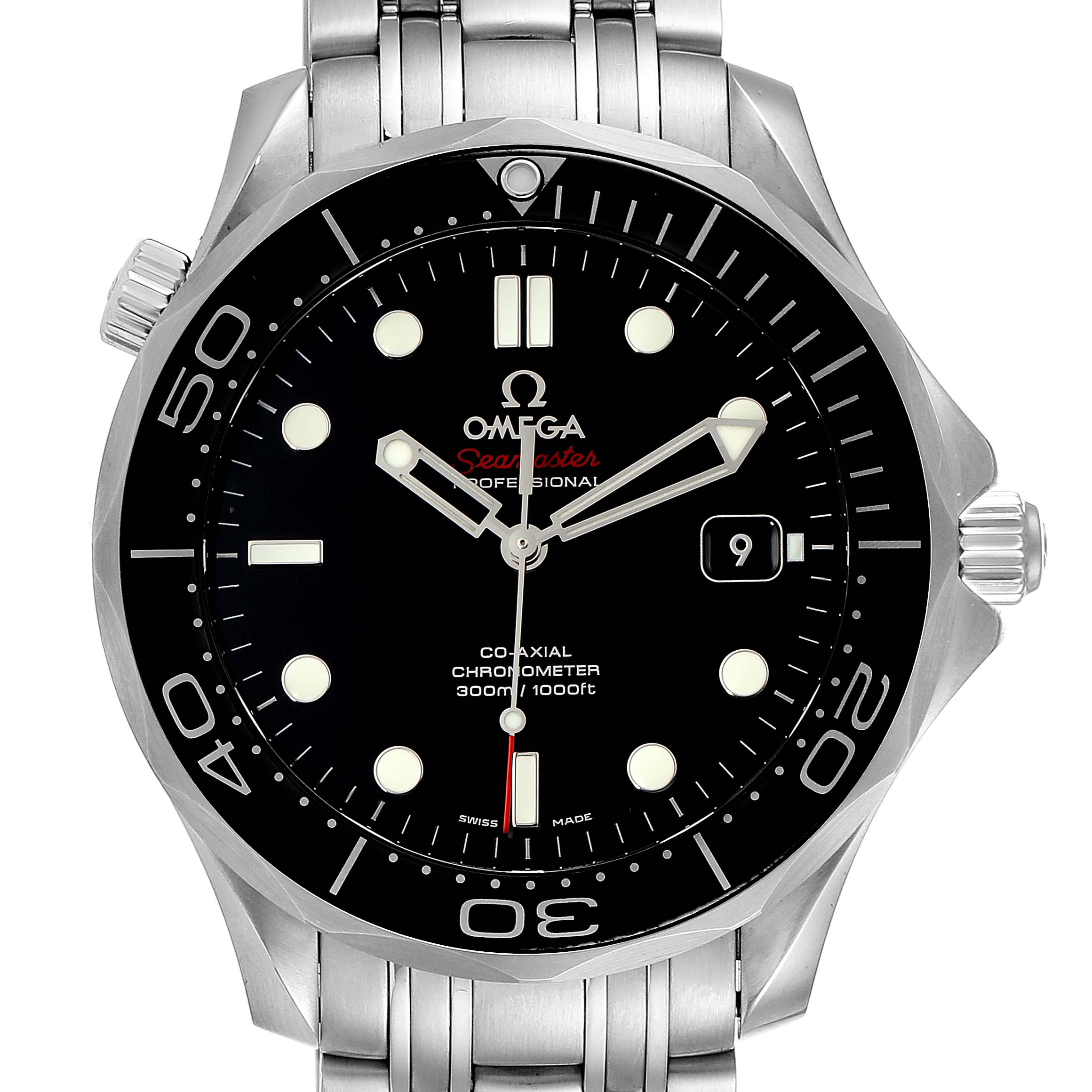 The image shows a front view of the Omega Seamaster 212.30.41.20.01.003 Men's Stainless Steel Black Dial 212.30.41.20.01.003 Men's Stainless Steel Black Dial watch, focusing on the dial, bezel, case, and bracelet.