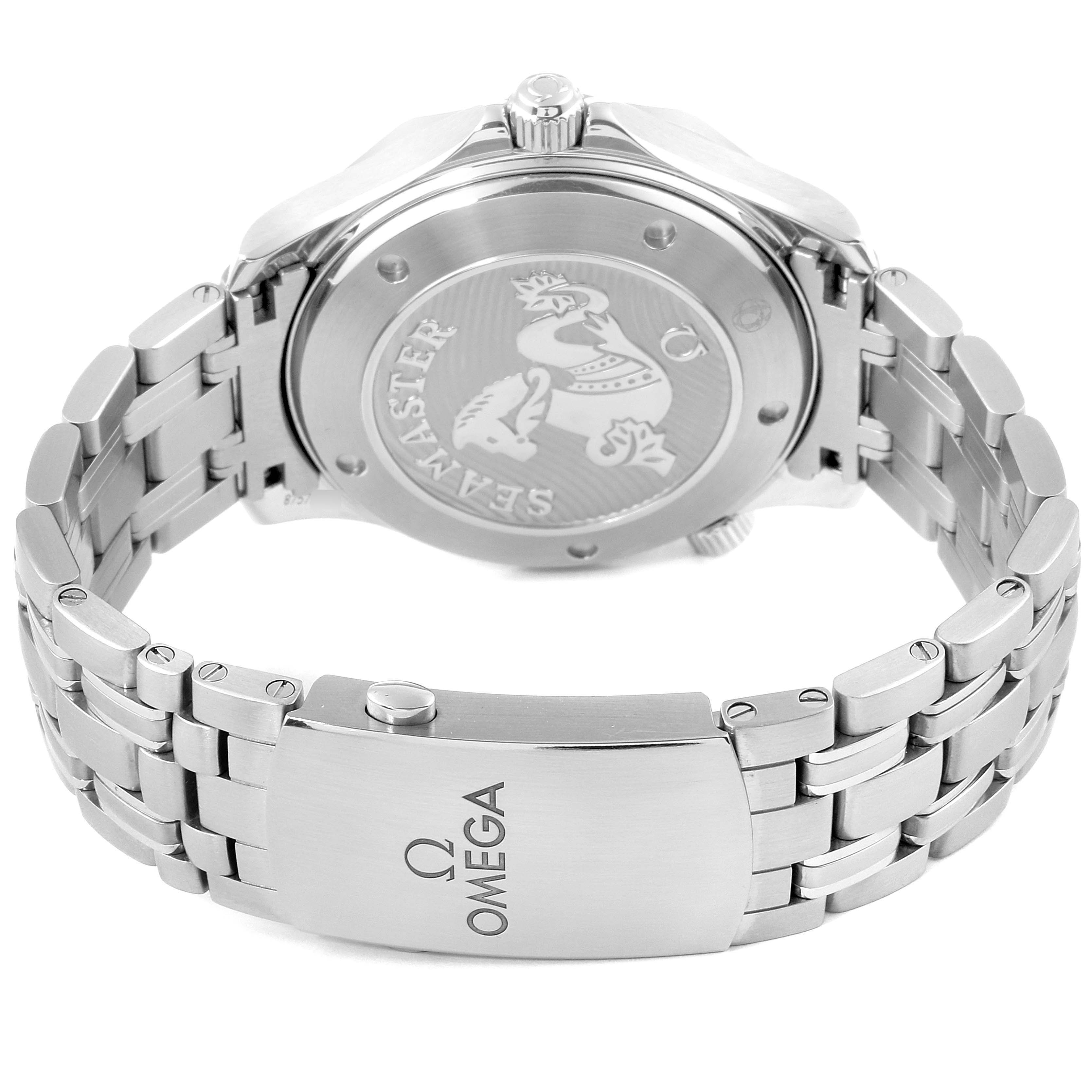 The image shows the back case and clasp of an Omega Seamaster 212.30.41.20.01.003 Men's Stainless Steel Black Dial 212.30.41.20.01.003 Men's Stainless Steel Black Dial watch at an angle.