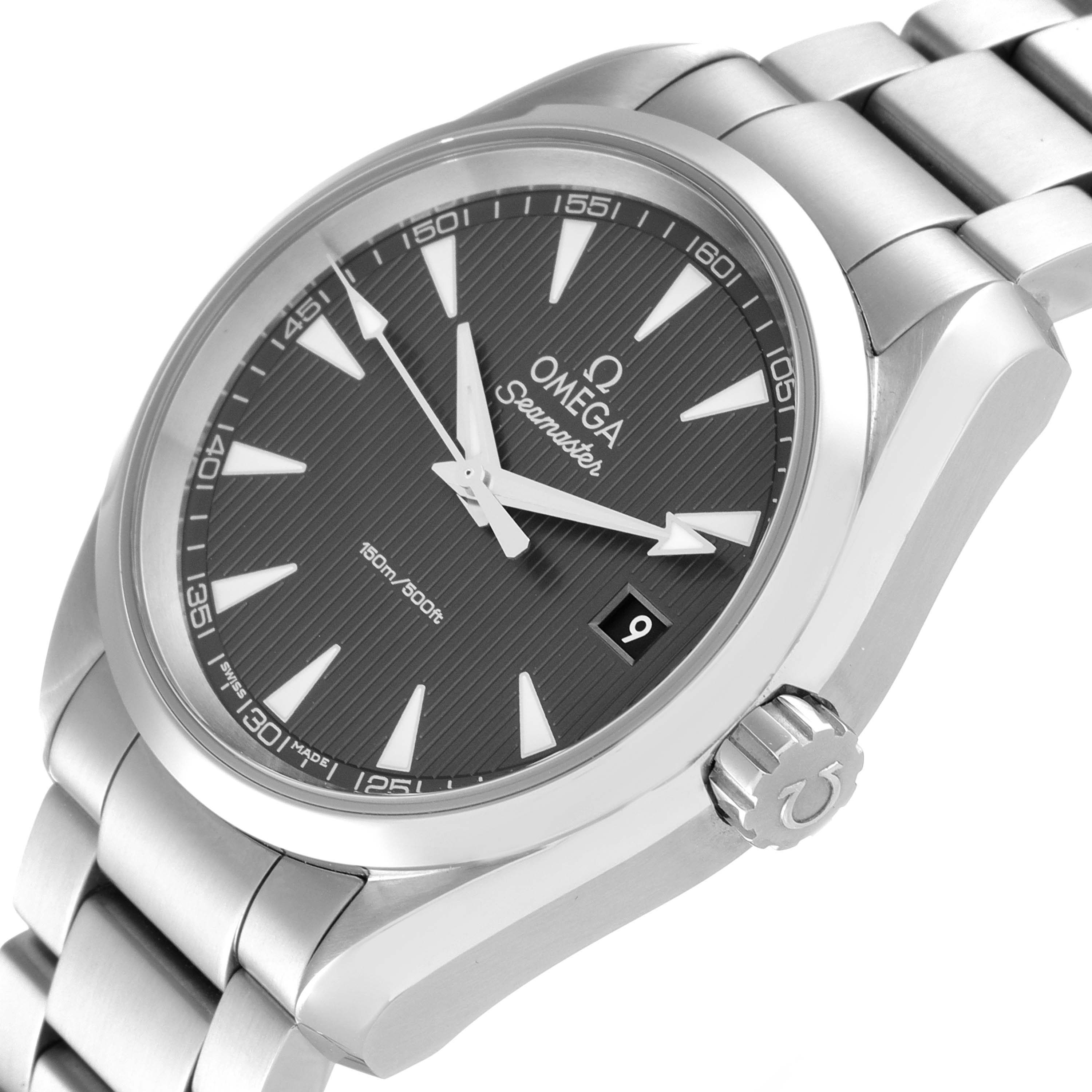 The image shows an Omega Aqua Terra 231.10.39.60.06.001 Men
s Stainless Steel Grey Dial 231.10.39.60.06.001 Men
s Stainless Steel Grey Dial watch from an angled perspective, highlighting the dial, bezel, bracelet, and crown.