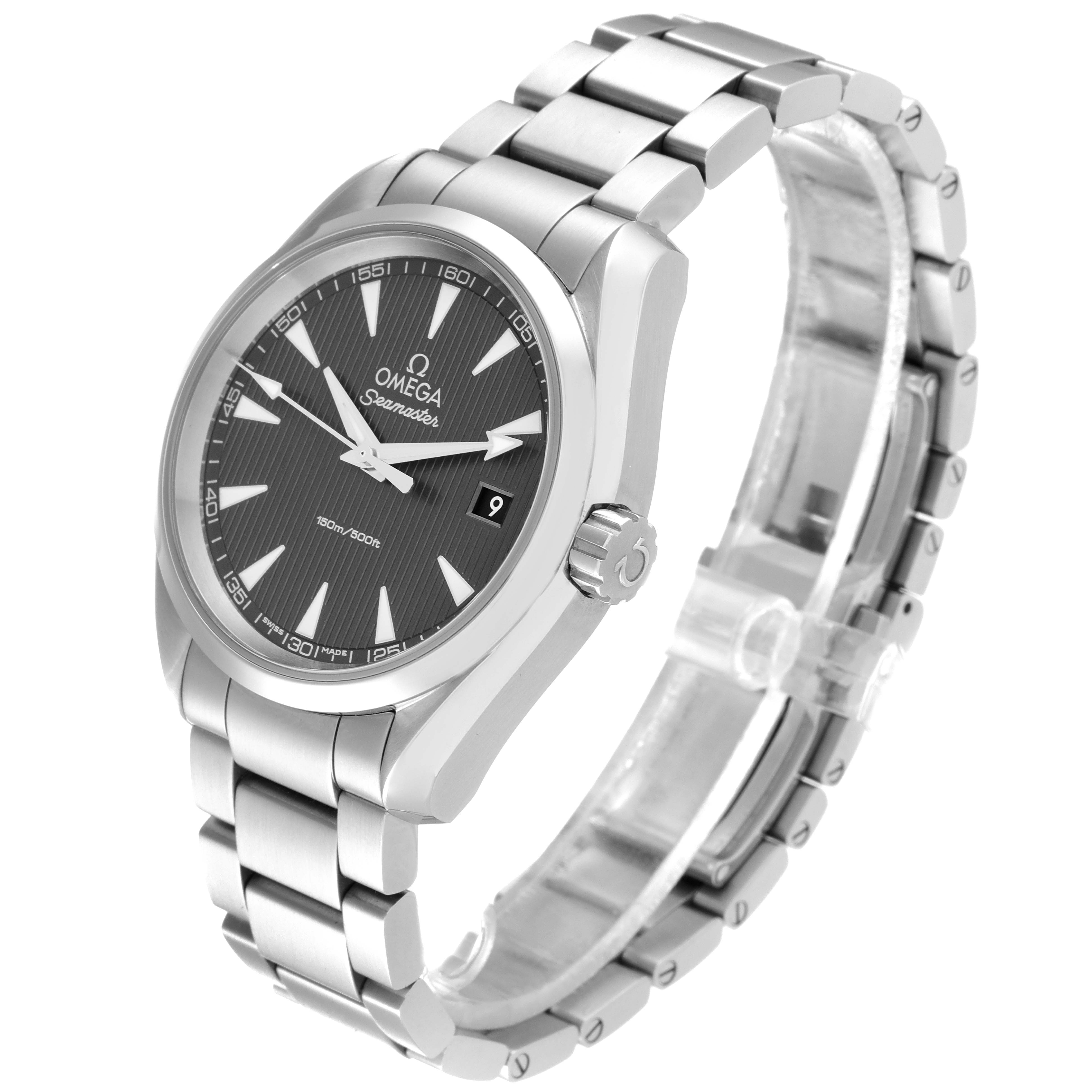The image shows a 3/4 side view of an Omega Aqua Terra 231.10.39.60.06.001 Men
s Stainless Steel Grey Dial 231.10.39.60.06.001 Men
s Stainless Steel Grey Dial watch, displaying the face, crown, and bracelet.