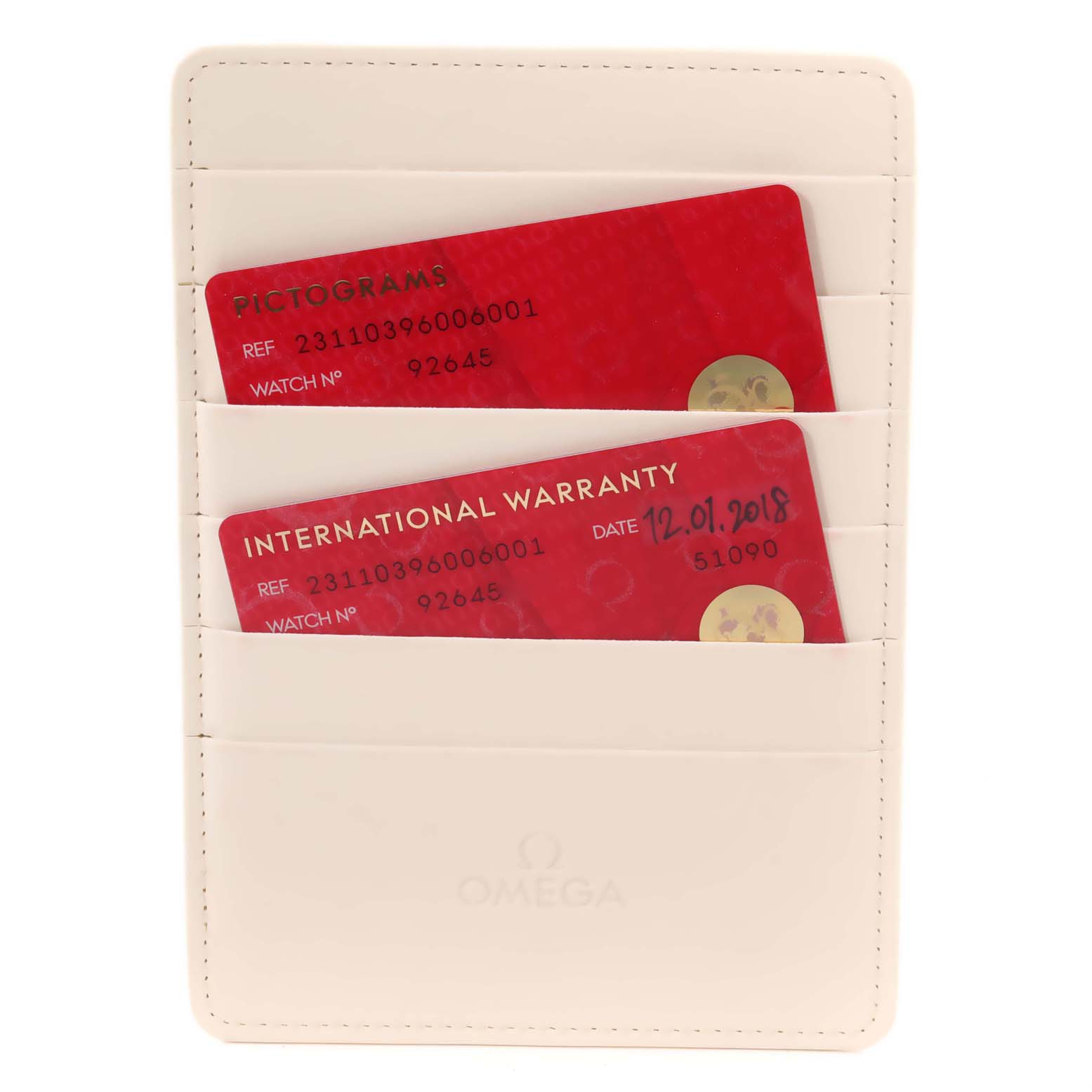 The image shows the International Warranty and Pictograms cards for the Omega Aqua Terra 231.10.39.60.06.001 Men
s Stainless Steel Grey Dial 231.10.39.60.06.001 Men
s Stainless Steel Grey Dial model in a white cardholder.