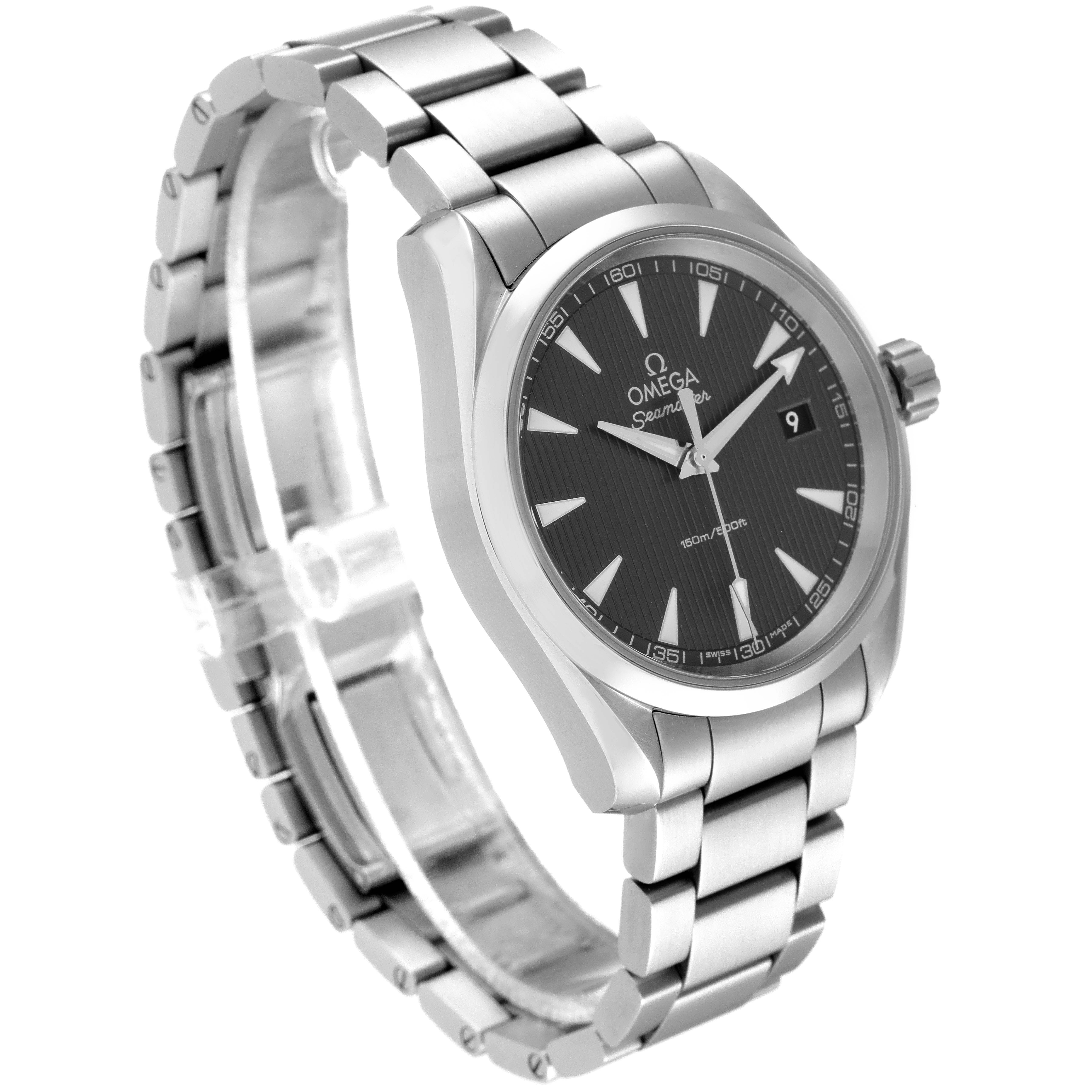 This image shows a side angle view of the Omega Aqua Terra 231.10.39.60.06.001 Men
s Stainless Steel Grey Dial 231.10.39.60.06.001 Men
s Stainless Steel Grey Dial watch, highlighting the bracelet, face, and crown.