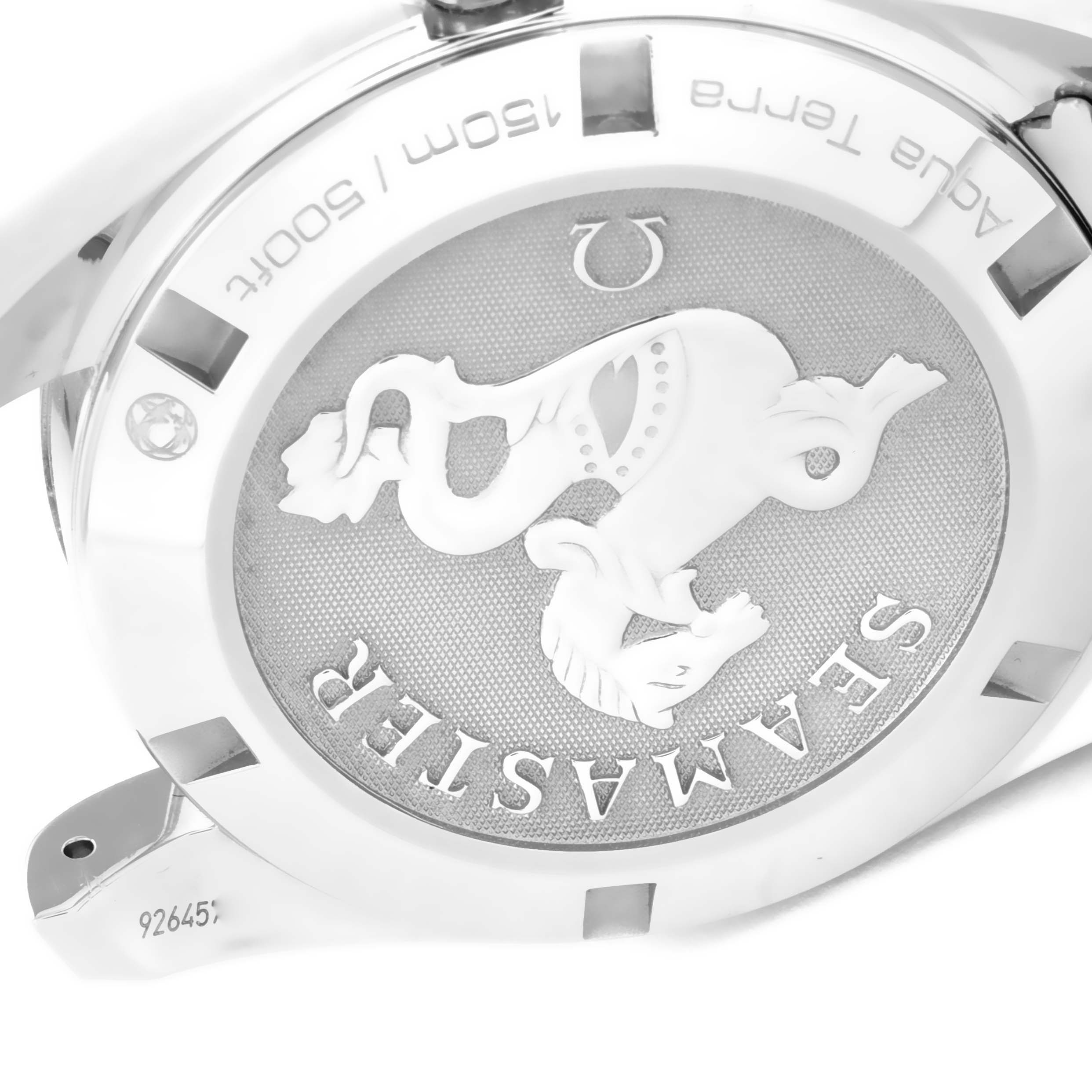 The image shows the case back of the Omega Aqua Terra 231.10.39.60.06.001 Men
s Stainless Steel Grey Dial 231.10.39.60.06.001 Men
s Stainless Steel Grey Dial watch featuring the Seamaster logo and specifications.