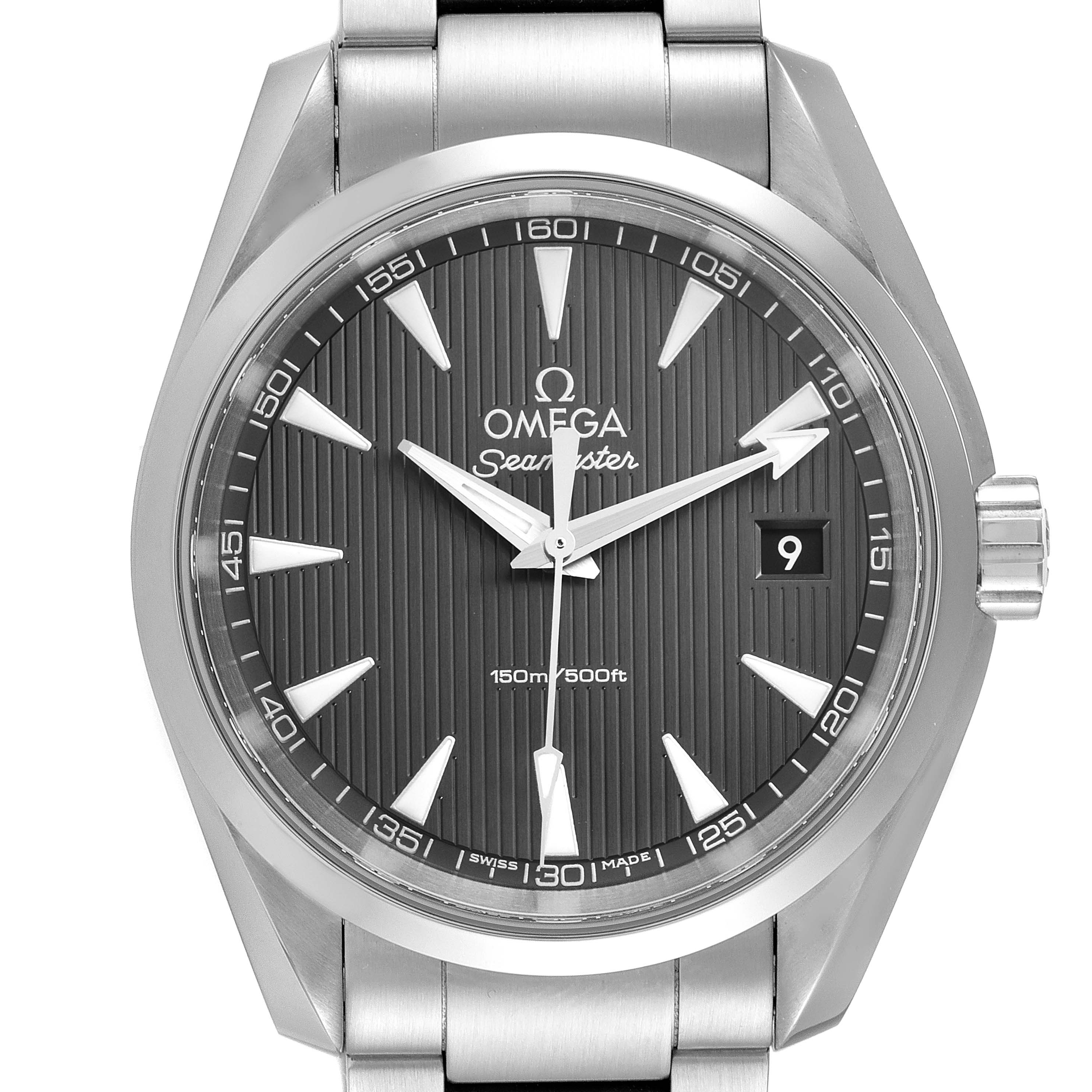 The image shows a front view of the Omega Aqua Terra 231.10.39.60.06.001 Men
s Stainless Steel Grey Dial 231.10.39.60.06.001 Men
s Stainless Steel Grey Dial watch, displaying its face, bezel, and bracelet.