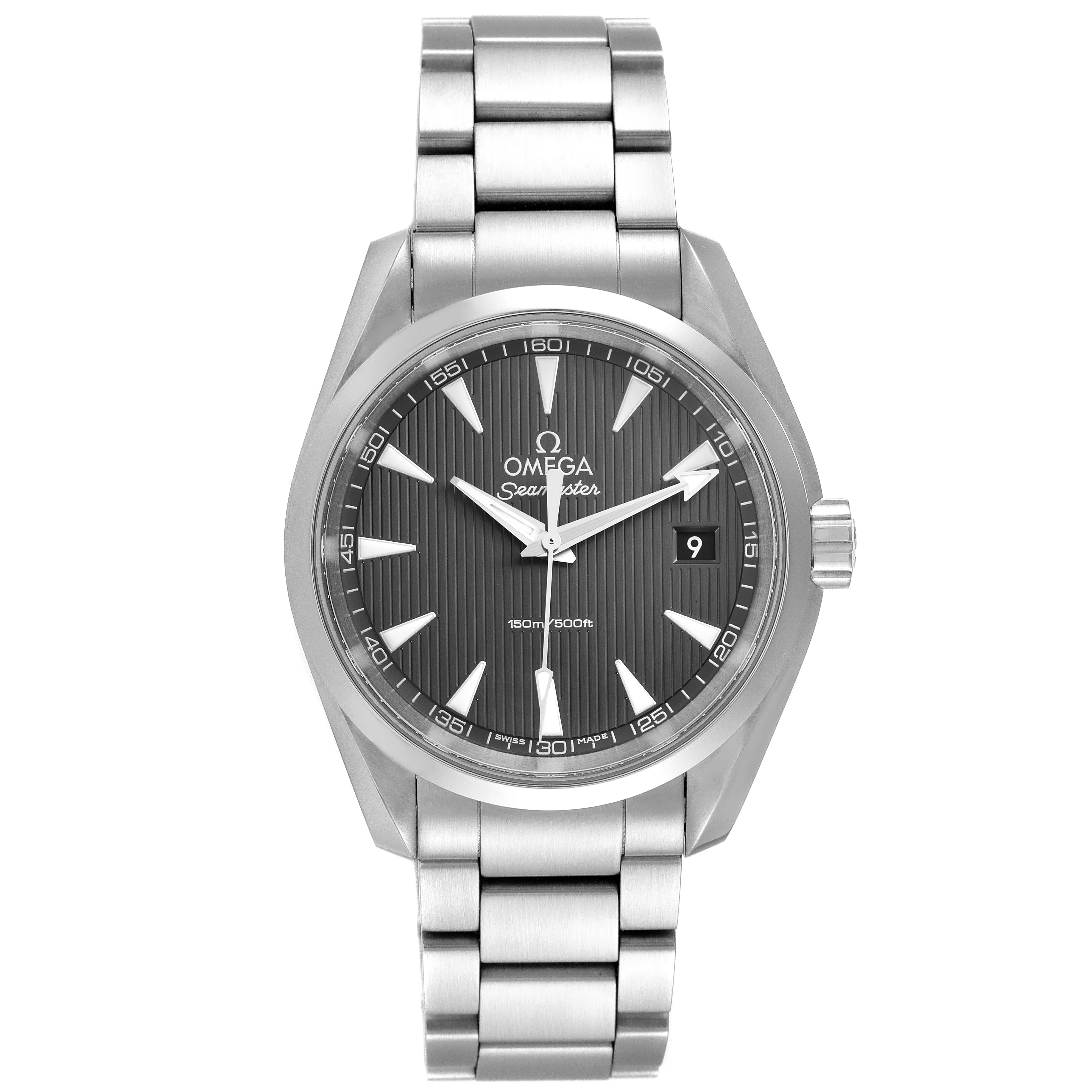 The image shows a front view of the Omega Aqua Terra 231.10.39.60.06.001 Men
s Stainless Steel Grey Dial 231.10.39.60.06.001 Men
s Stainless Steel Grey Dial watch, highlighting its face, bezel, crown, and bracelet.