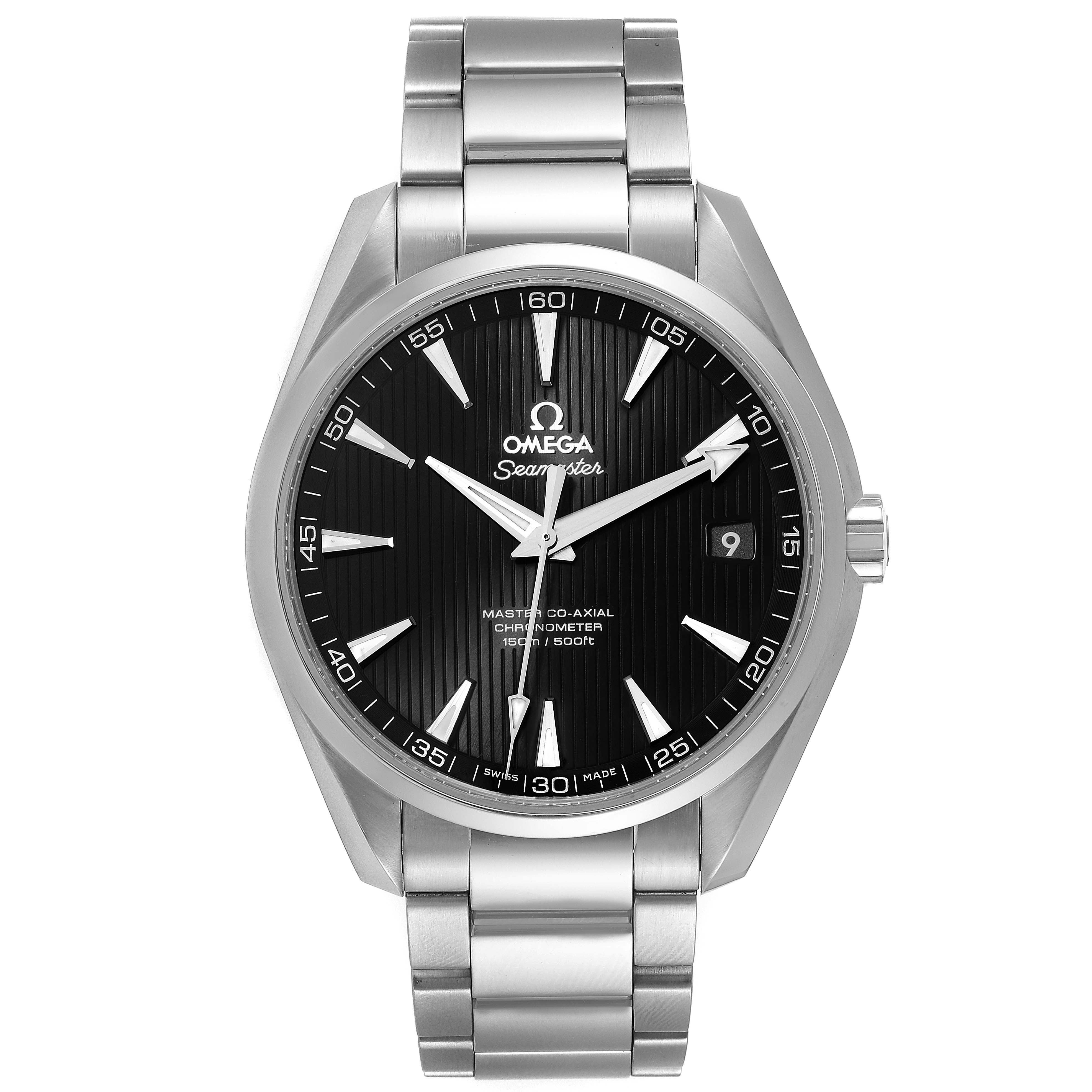 The Omega Aqua Terra 231.10.42.21.01.003 Men's Stainless Steel Black Dial 231.10.42.21.01.003 Men's Stainless Steel Black Dial watch is shown from the front, displaying its dial, markers, hands, and bracelet.