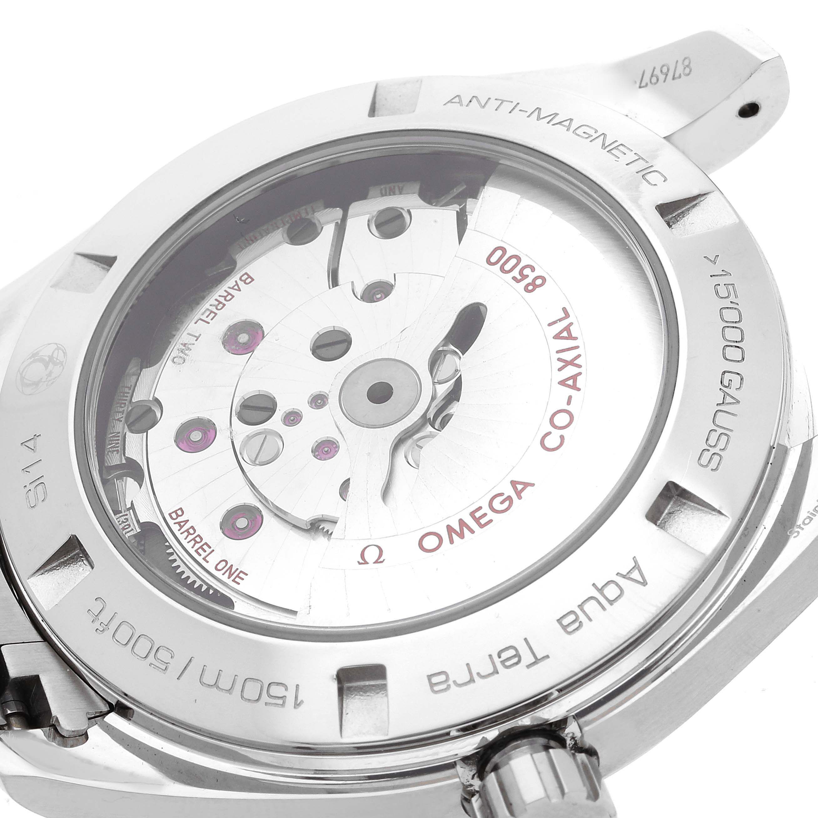 The image shows the back view of the Omega Aqua Terra 231.10.42.21.01.003 Men's Stainless Steel Black Dial 231.10.42.21.01.003 Men's Stainless Steel Black Dial watch, highlighting its Co-Axial movement and other internal mechanisms.