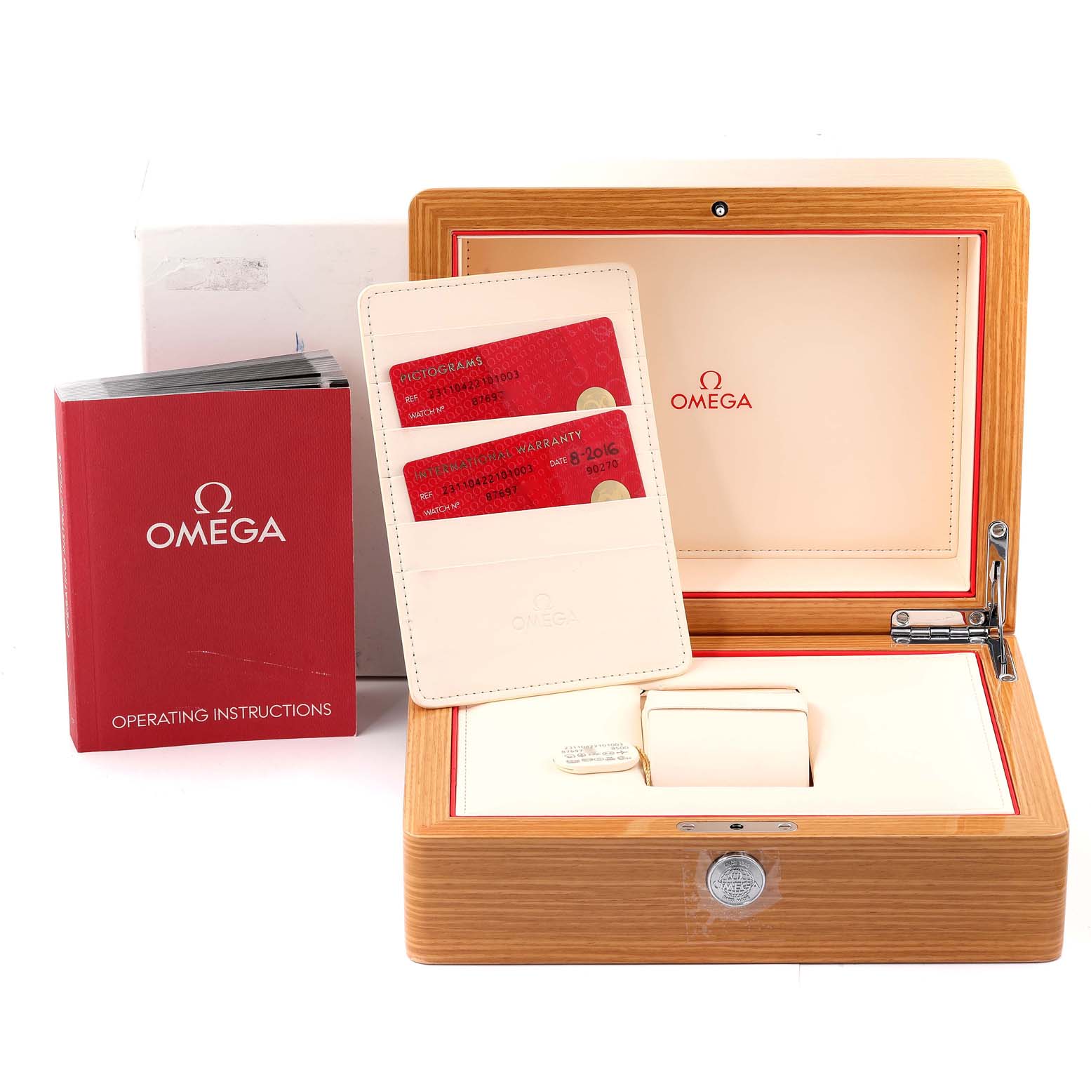 The image shows the Omega Aqua Terra 231.10.42.21.01.003 Men's Stainless Steel Black Dial 231.10.42.21.01.003 Men's Stainless Steel Black Dial watch's packaging with warranty cards, a storage box, and operating instructions.