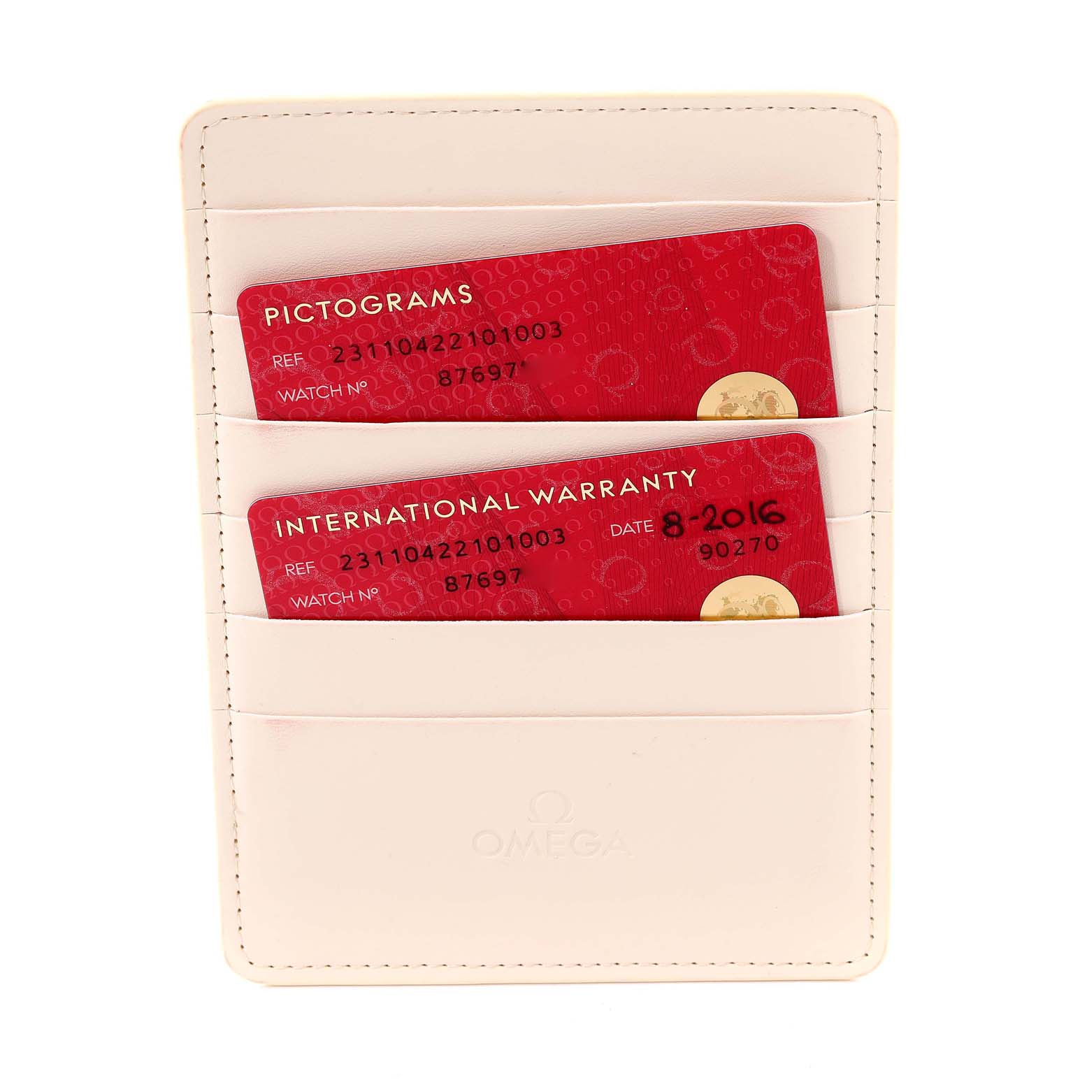 This image shows the international warranty and pictograms cards for the Omega Aqua Terra 231.10.42.21.01.003 Men's Stainless Steel Black Dial 231.10.42.21.01.003 Men's Stainless Steel Black Dial model, placed in a white sleeve.