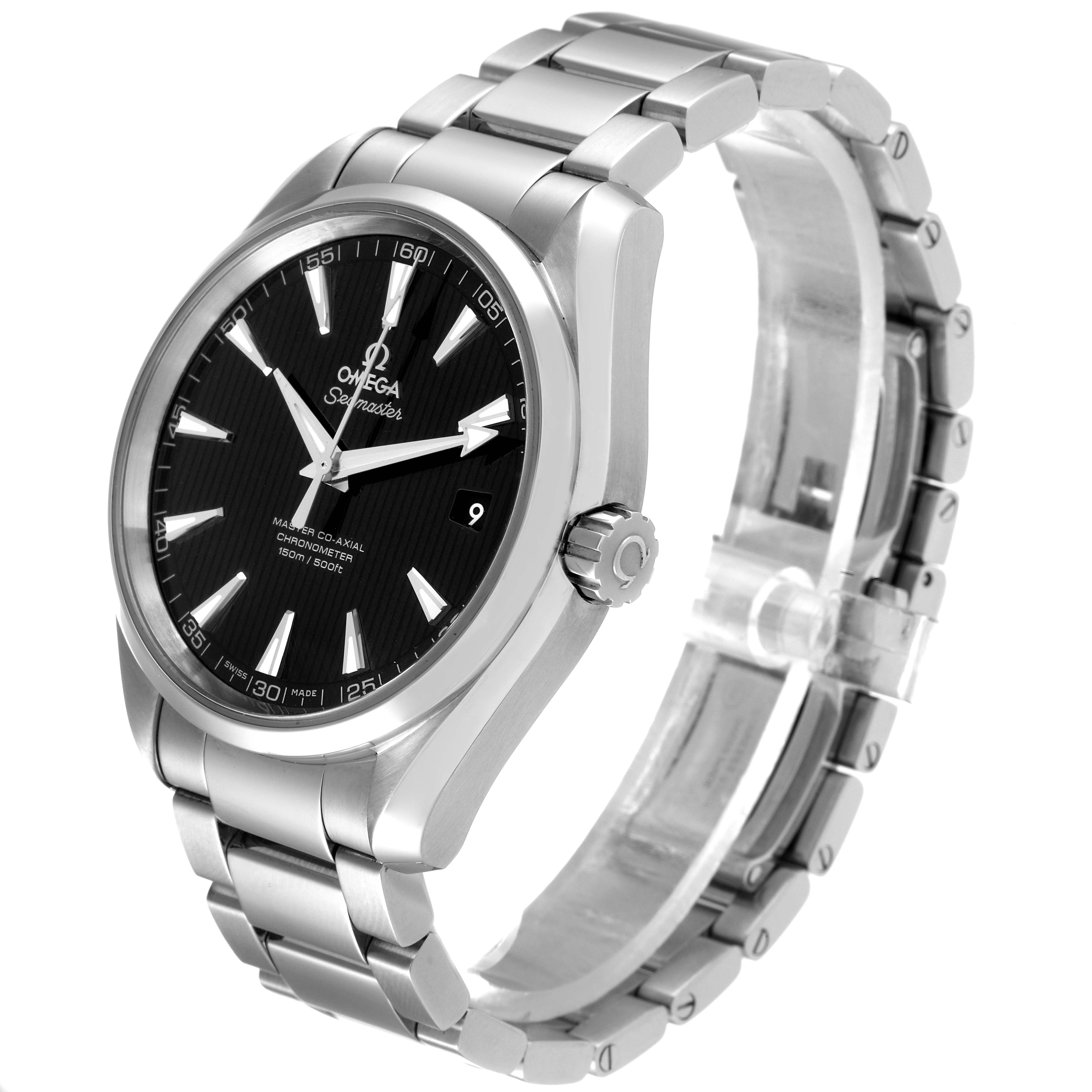 The Omega Aqua Terra 231.10.42.21.01.003 Men's Stainless Steel Black Dial 231.10.42.21.01.003 Men's Stainless Steel Black Dial watch is shown at a three-quarter angle, highlighting the face, crown, and stainless steel bracelet.