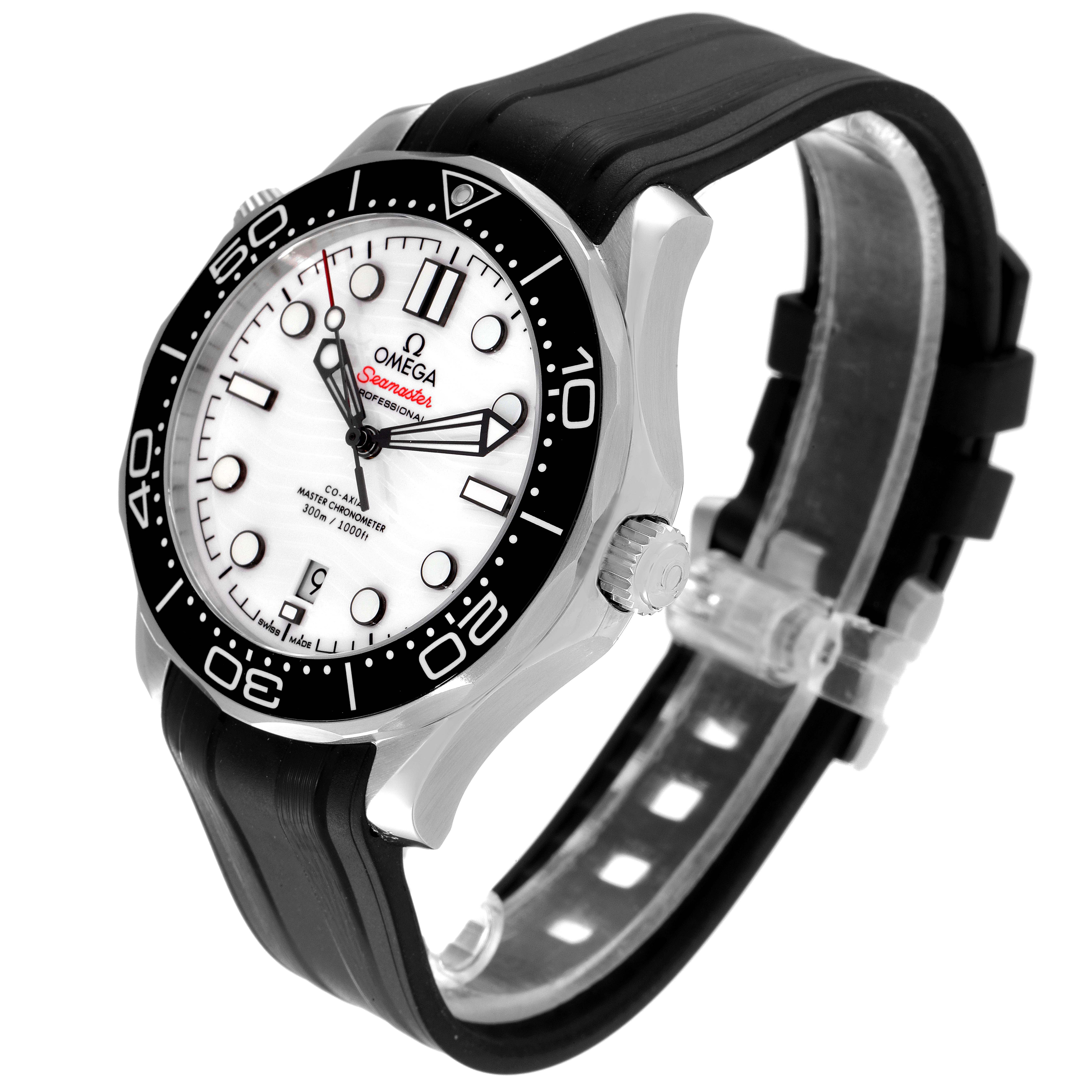 The Omega Seamaster 210.32.42.20.04.001 Men's Stainless Steel White Dial 210.32.42.20.04.001 Men's Stainless Steel White Dial watch is shown at a three-quarter angle, displaying its face, bezel, and black rubber strap.