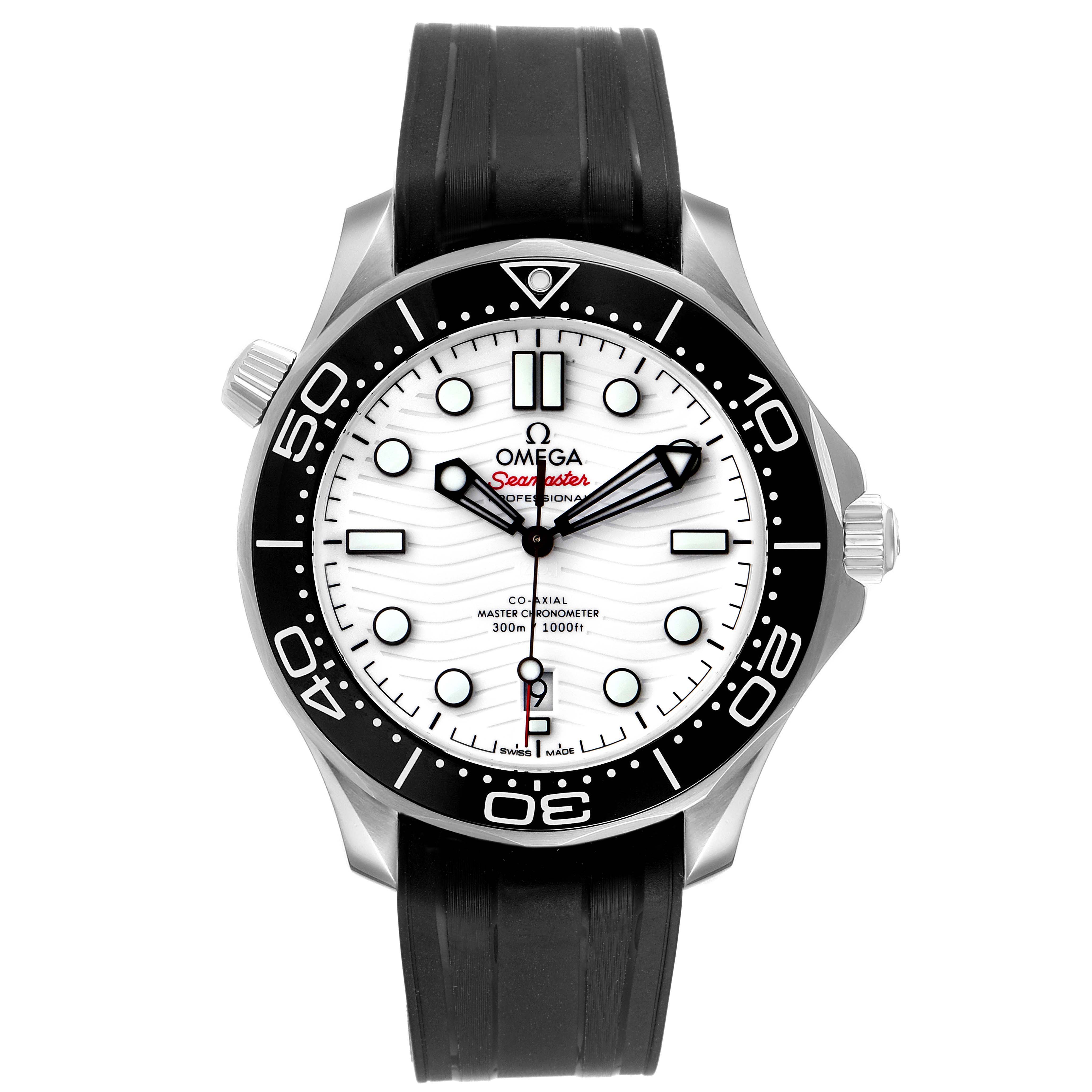 The image shows the front view of an Omega Seamaster 210.32.42.20.04.001 Men's Stainless Steel White Dial 210.32.42.20.04.001 Men's Stainless Steel White Dial watch, including the dial, bezel, and strap.