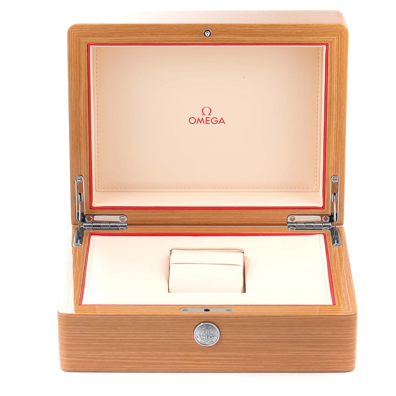 The image shows a wooden Omega watch box for the Seamaster model, with the lid open and interior compartments visible.