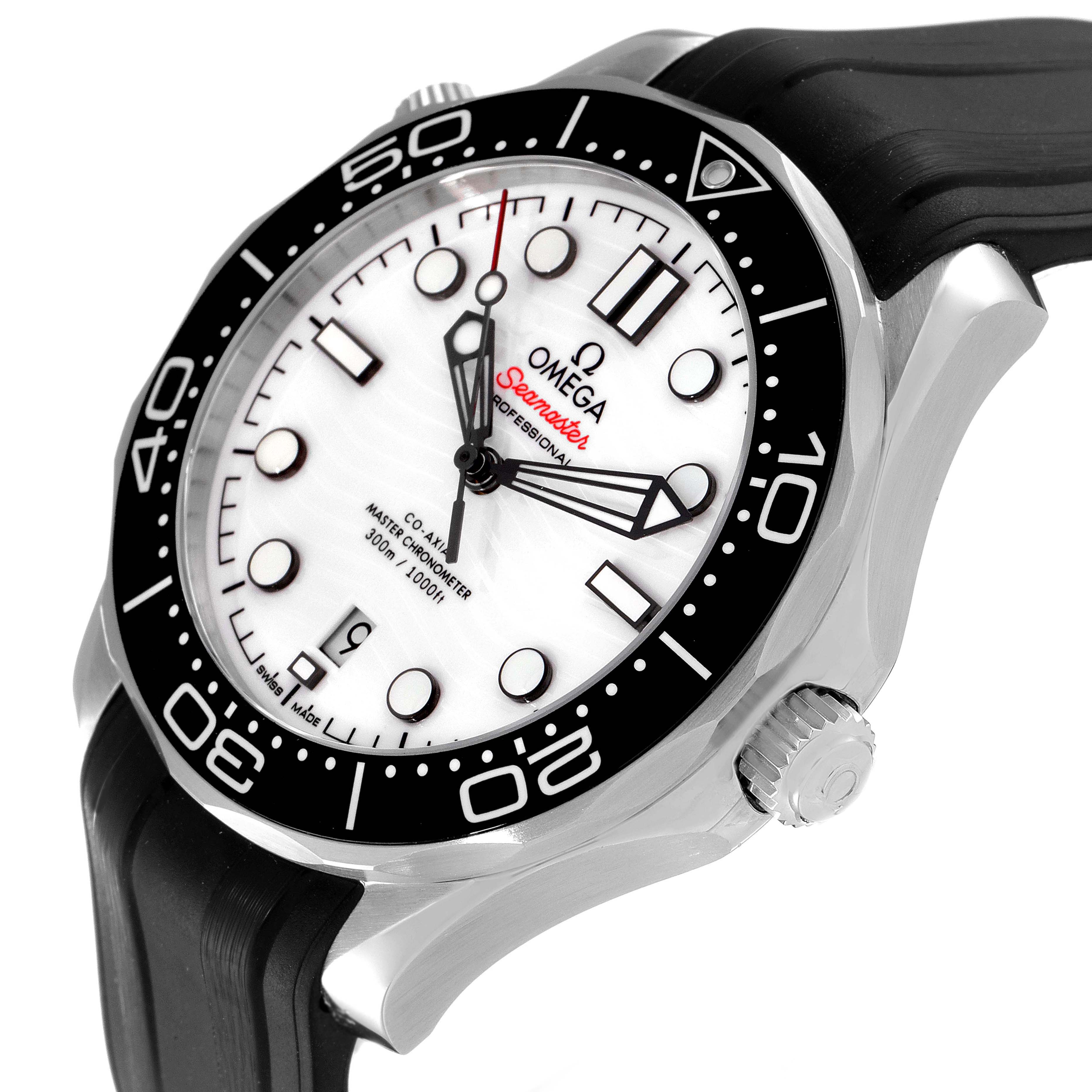 The image shows an angled view of the Omega Seamaster 210.32.42.20.04.001 Men's Stainless Steel White Dial 210.32.42.20.04.001 Men's Stainless Steel White Dial watch, highlighting its face, bezel, crown, and rubber strap.
