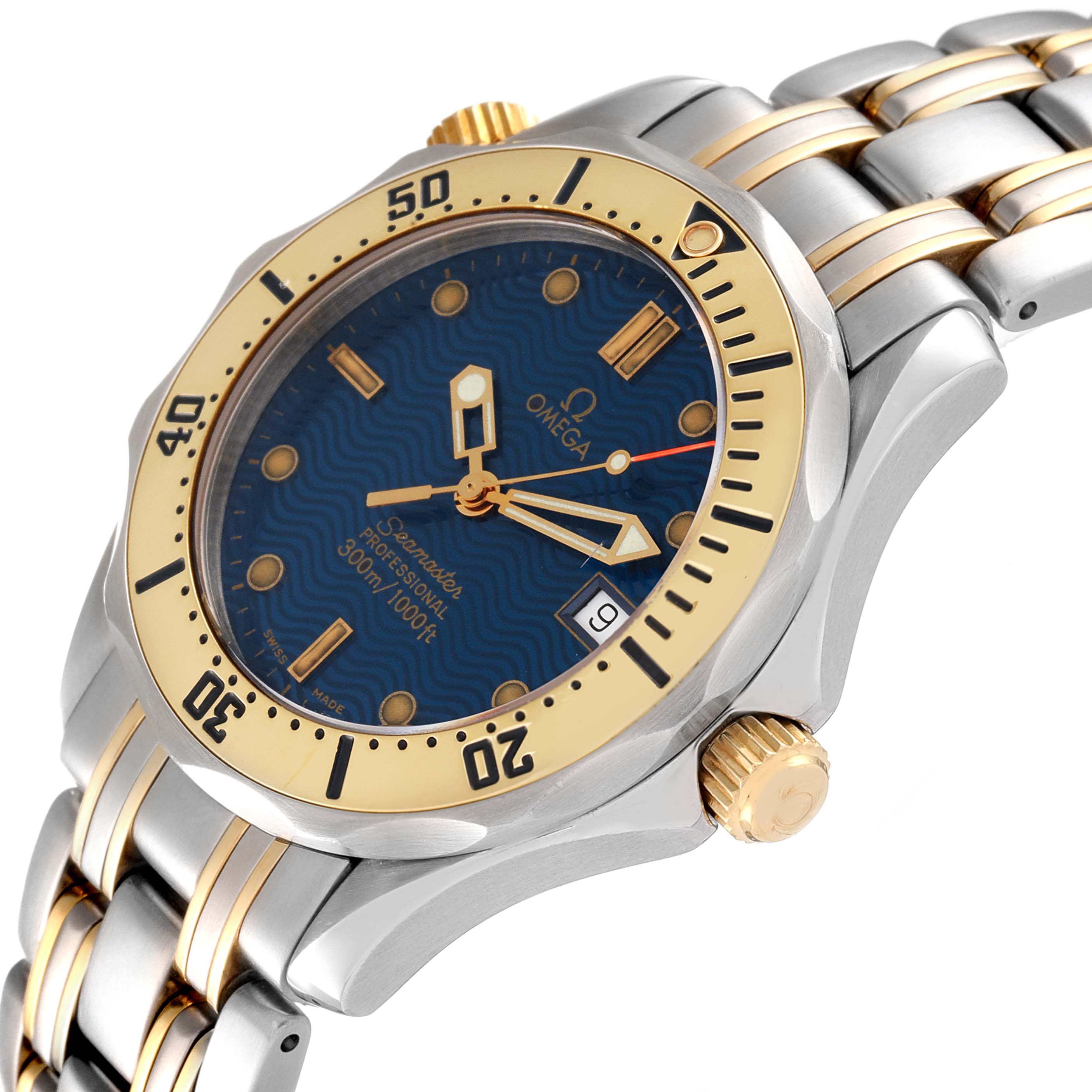 The angle shows the front and part of the bracelet of the Omega Seamaster 2362.80.00 Men's Steel and Gold (two tone) Blue Dial 2362.80.00 Men's Steel and Gold (two tone) Blue Dial watch, highlighting its blue dial, gold accents, and date window.