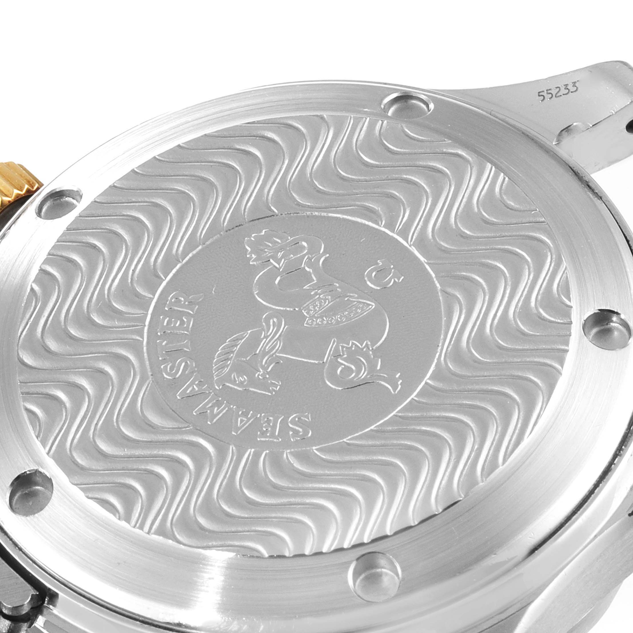 This image shows the case back of the Omega Seamaster 2362.80.00 Men's Steel and Gold (two tone) Blue Dial 2362.80.00 Men's Steel and Gold (two tone) Blue Dial watch from a close-up angle.