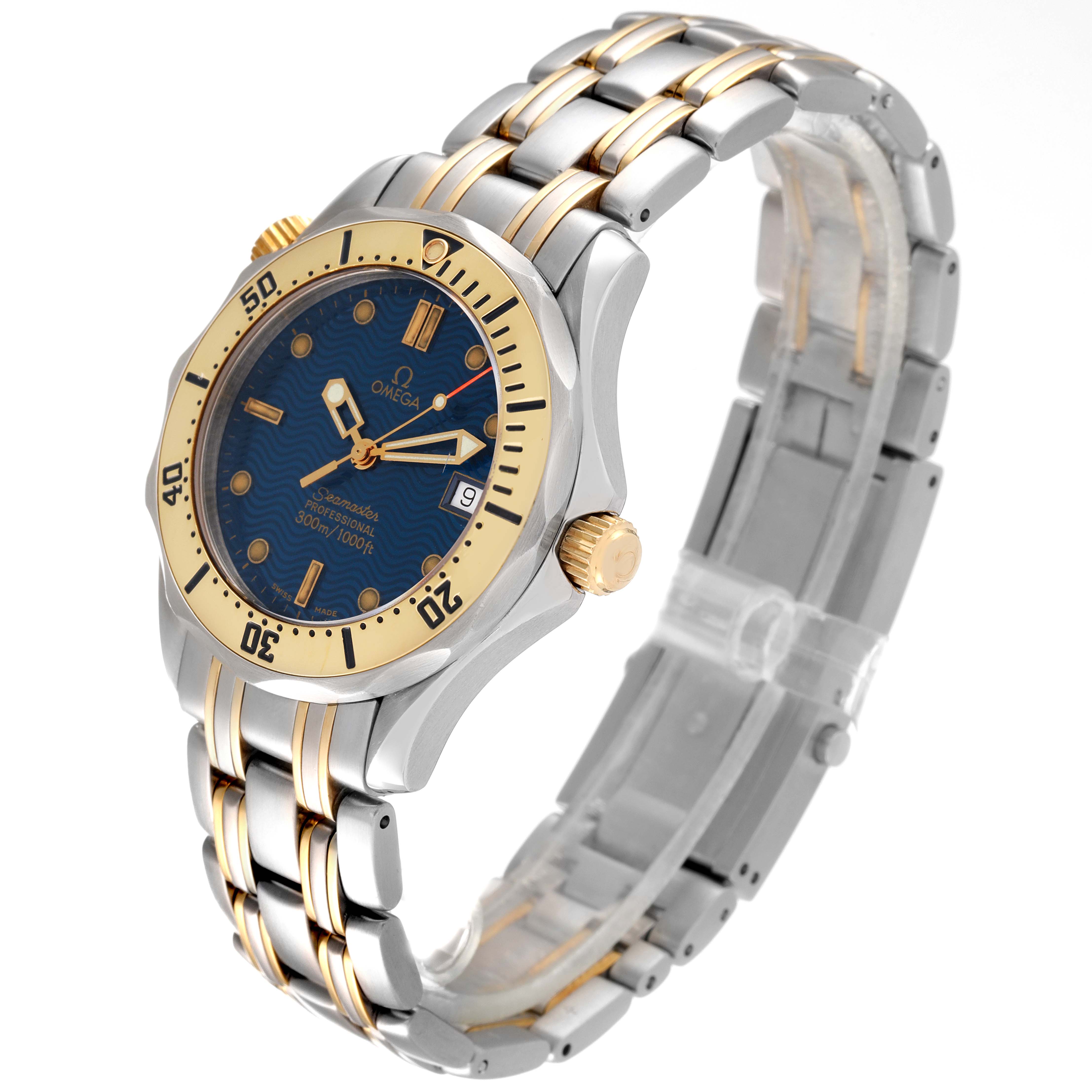 This image shows a side-angle view of an Omega Seamaster 2362.80.00 Men's Steel and Gold (two tone) Blue Dial 2362.80.00 Men's Steel and Gold (two tone) Blue Dial watch, highlighting the bezel, dial, crown, and bracelet.