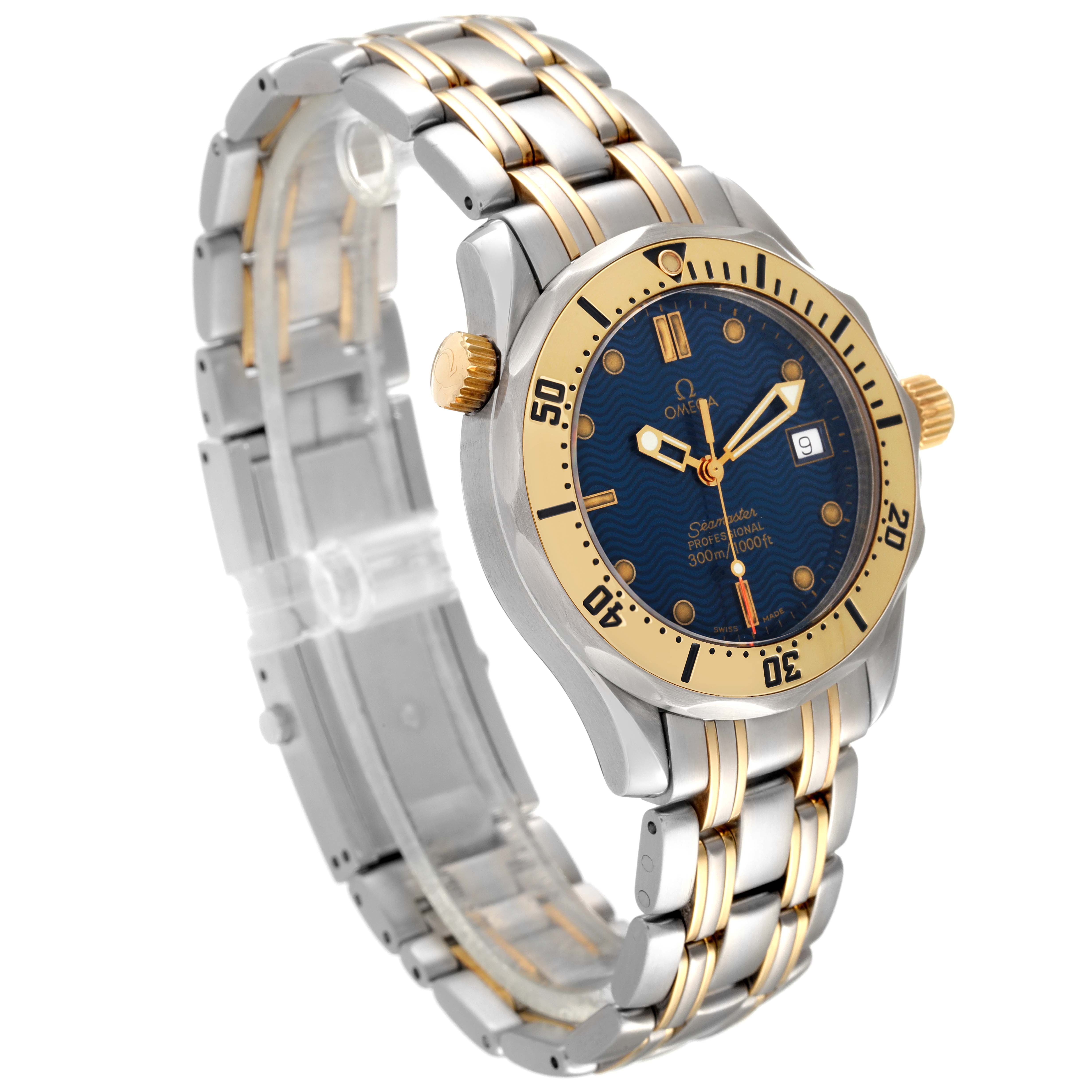 The image shows an Omega Seamaster 2362.80.00 Men's Steel and Gold (two tone) Blue Dial 2362.80.00 Men's Steel and Gold (two tone) Blue Dial watch angled to display its dial, bezel, crown, and two-tone metal bracelet.