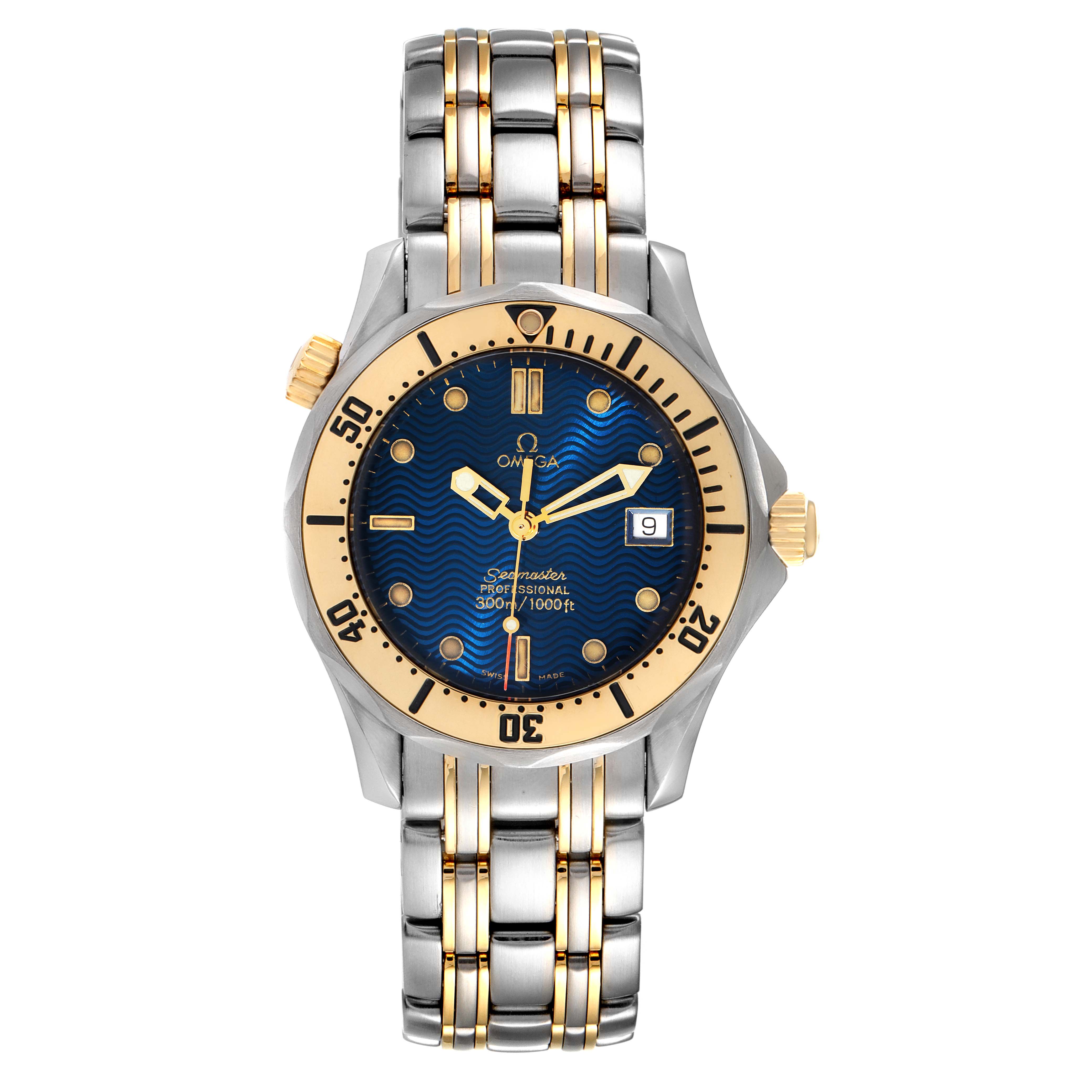 The image shows a front view of the Omega Seamaster 2362.80.00 Men's Steel and Gold (two tone) Blue Dial 2362.80.00 Men's Steel and Gold (two tone) Blue Dial watch, highlighting the bezel, dial, hands, bracelet, and crown.