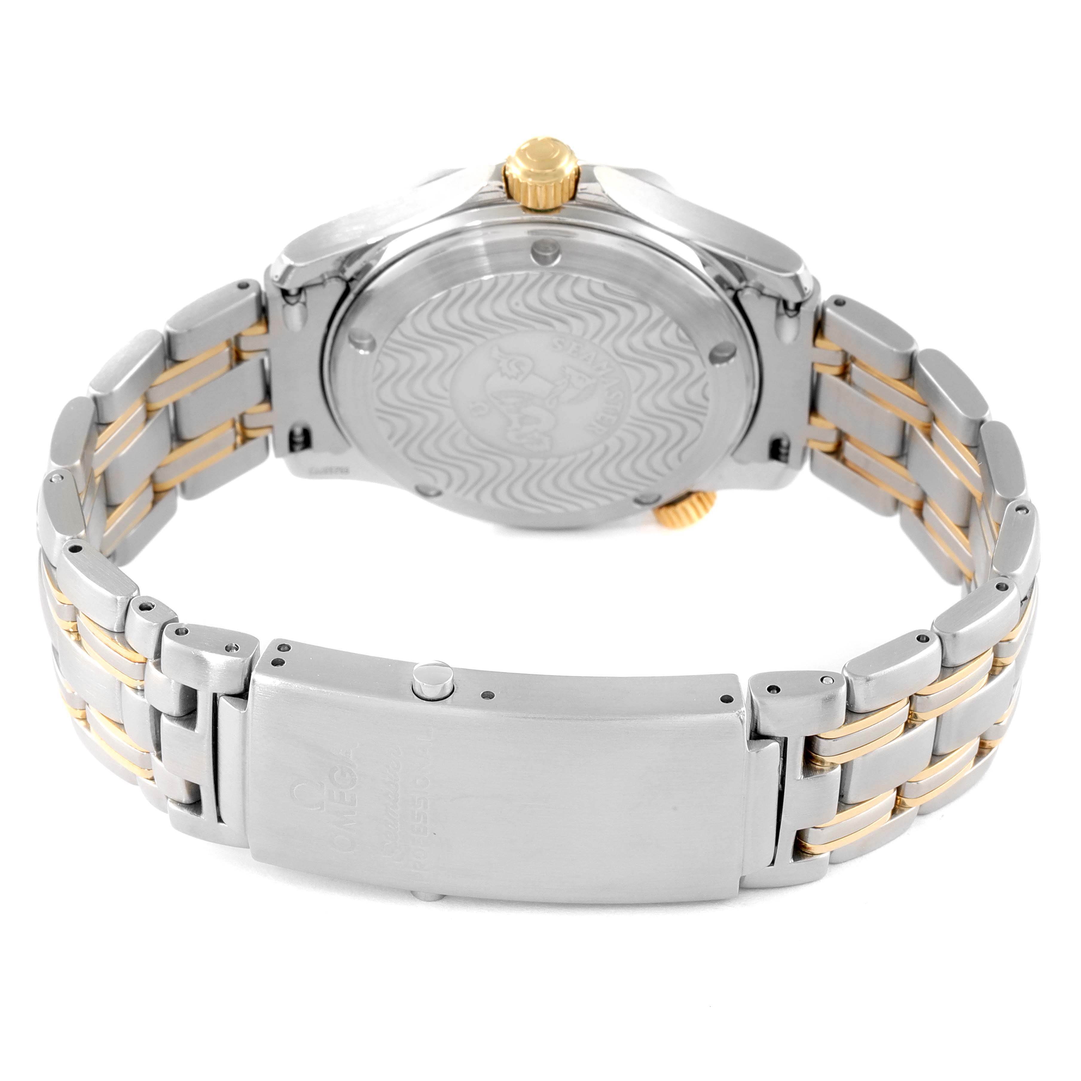 This image shows the case back, bracelet, clasp, and gold crown of the Omega Seamaster 2362.80.00 Men's Steel and Gold (two tone) Blue Dial 2362.80.00 Men's Steel and Gold (two tone) Blue Dial watch from the rear angle.