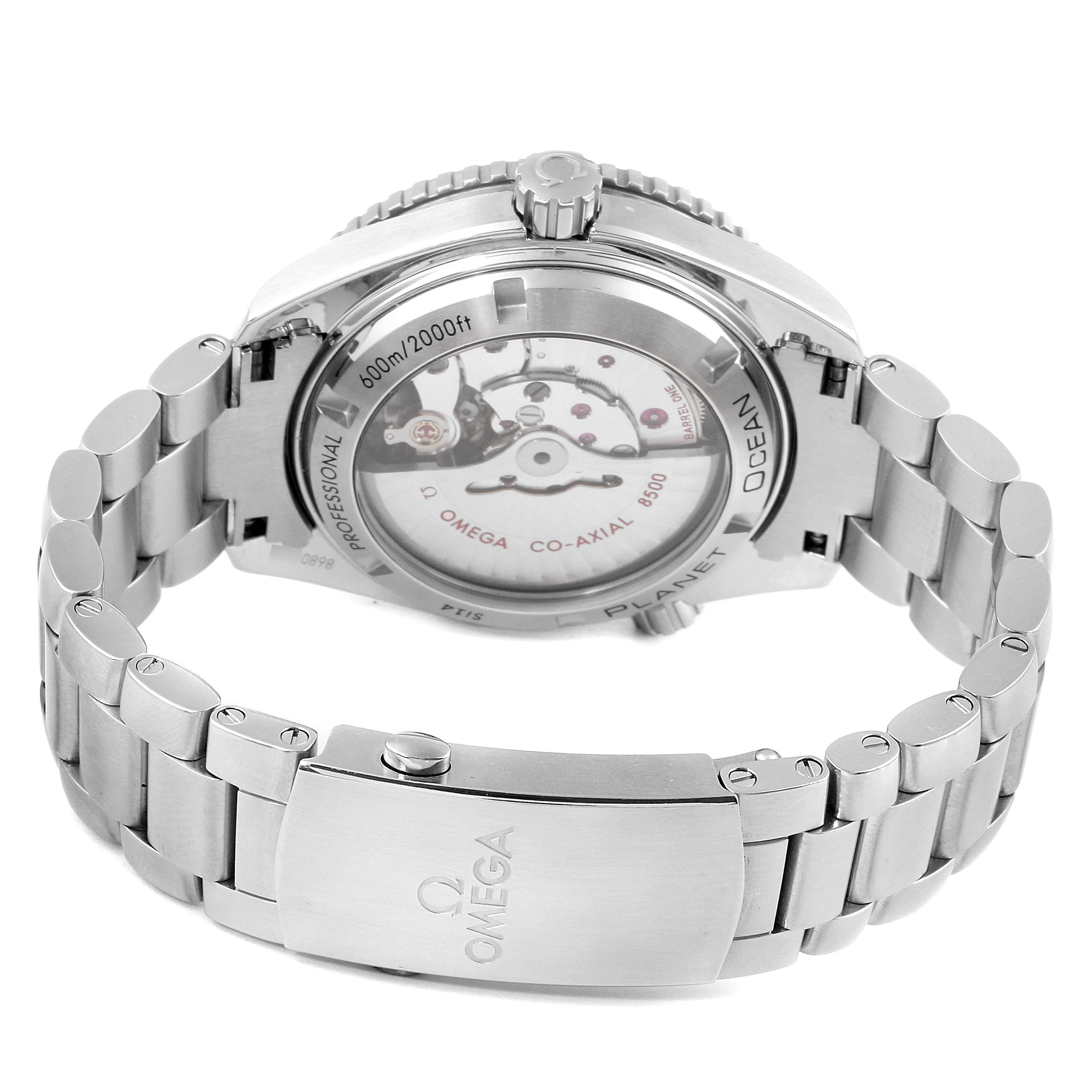 The image shows the back and bracelet of the Omega Planet Ocean 232.30.38.20.01.002 Men
s Stainless Steel Black Dial 232.30.38.20.01.002 Men
s Stainless Steel Black Dial watch, with its transparent caseback revealing the movement.