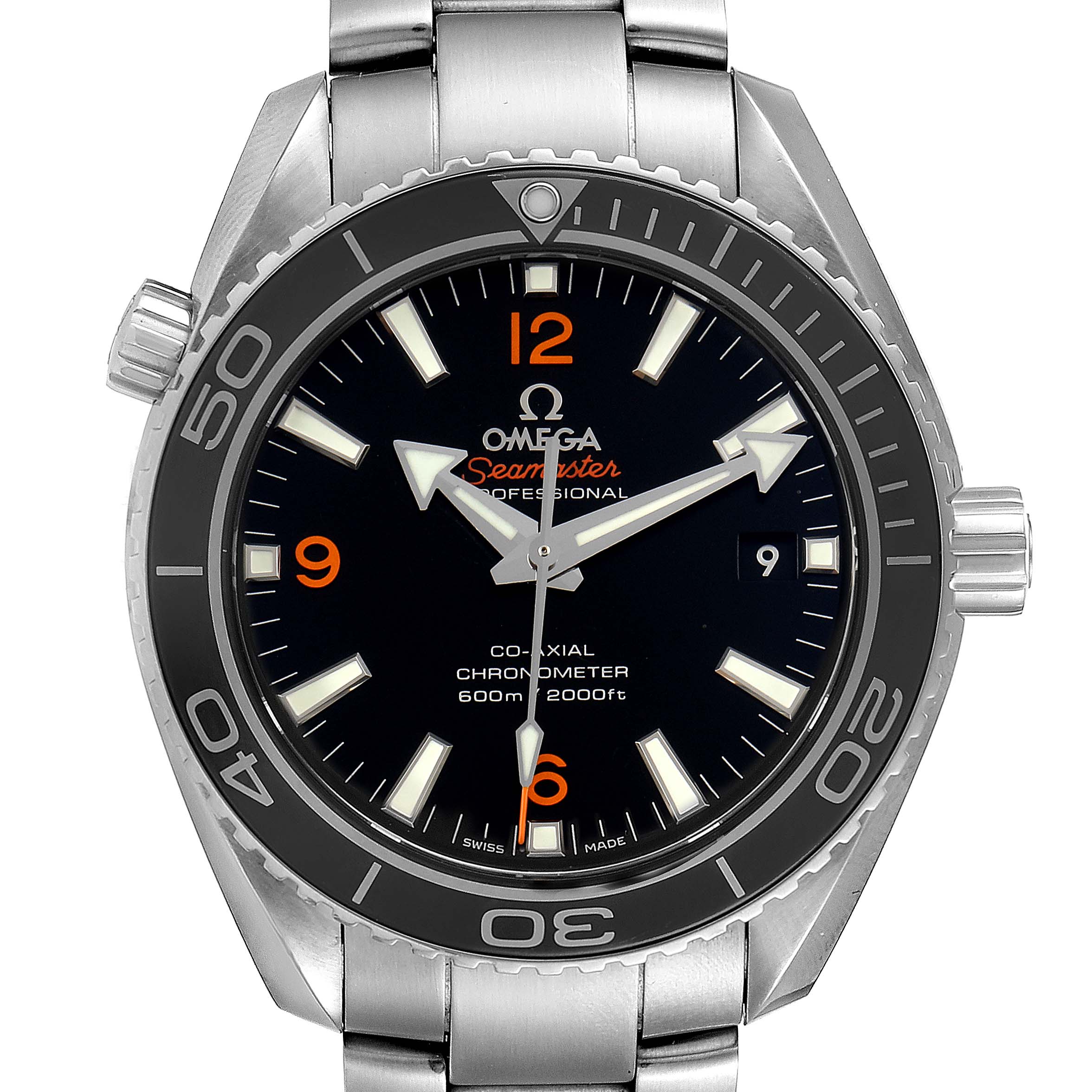 The Omega Planet Ocean 232.30.38.20.01.002 Men
s Stainless Steel Black Dial 232.30.38.20.01.002 Men
s Stainless Steel Black Dial watch is shown from the front, displaying the dial, bezel, and part of the stainless steel bracelet.