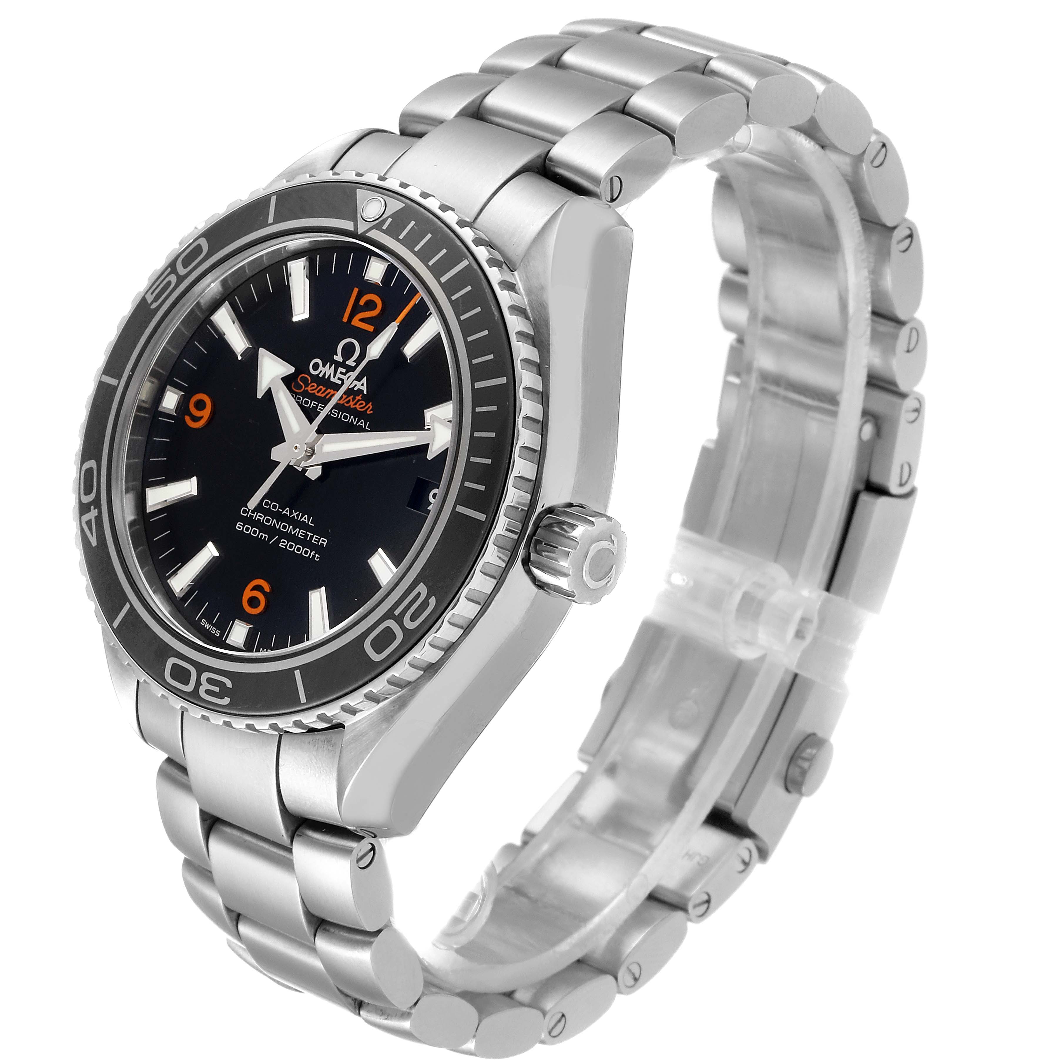The image shows a front-side angle of the Omega Planet Ocean 232.30.38.20.01.002 Men
s Stainless Steel Black Dial 232.30.38.20.01.002 Men
s Stainless Steel Black Dial watch, displaying the face, bezel, crown, and metal bracelet.