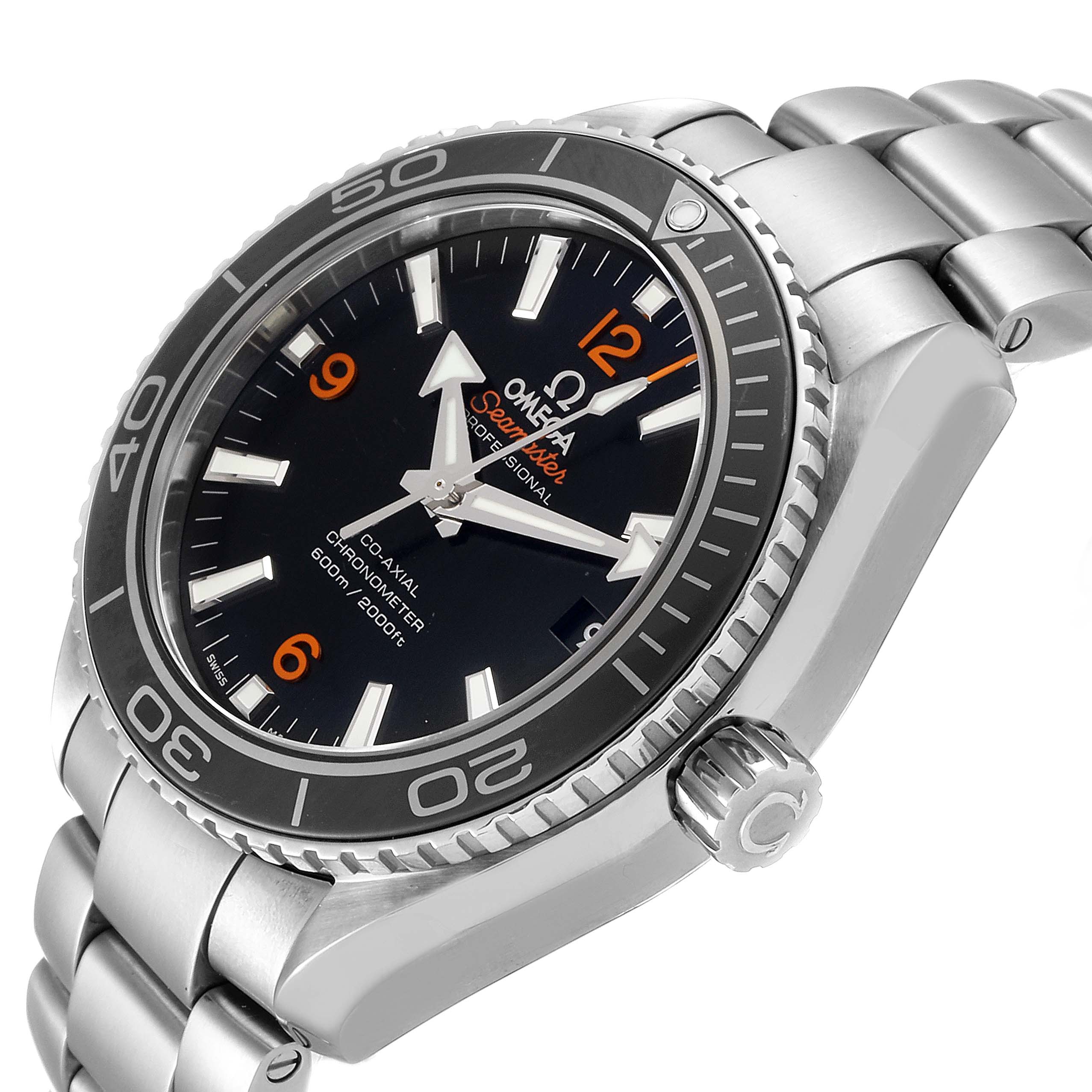 The Omega Planet Ocean 232.30.38.20.01.002 Men
s Stainless Steel Black Dial 232.30.38.20.01.002 Men
s Stainless Steel Black Dial watch is shown in a three-quarter angle displaying the dial, bezel, crown, and part of the bracelet.