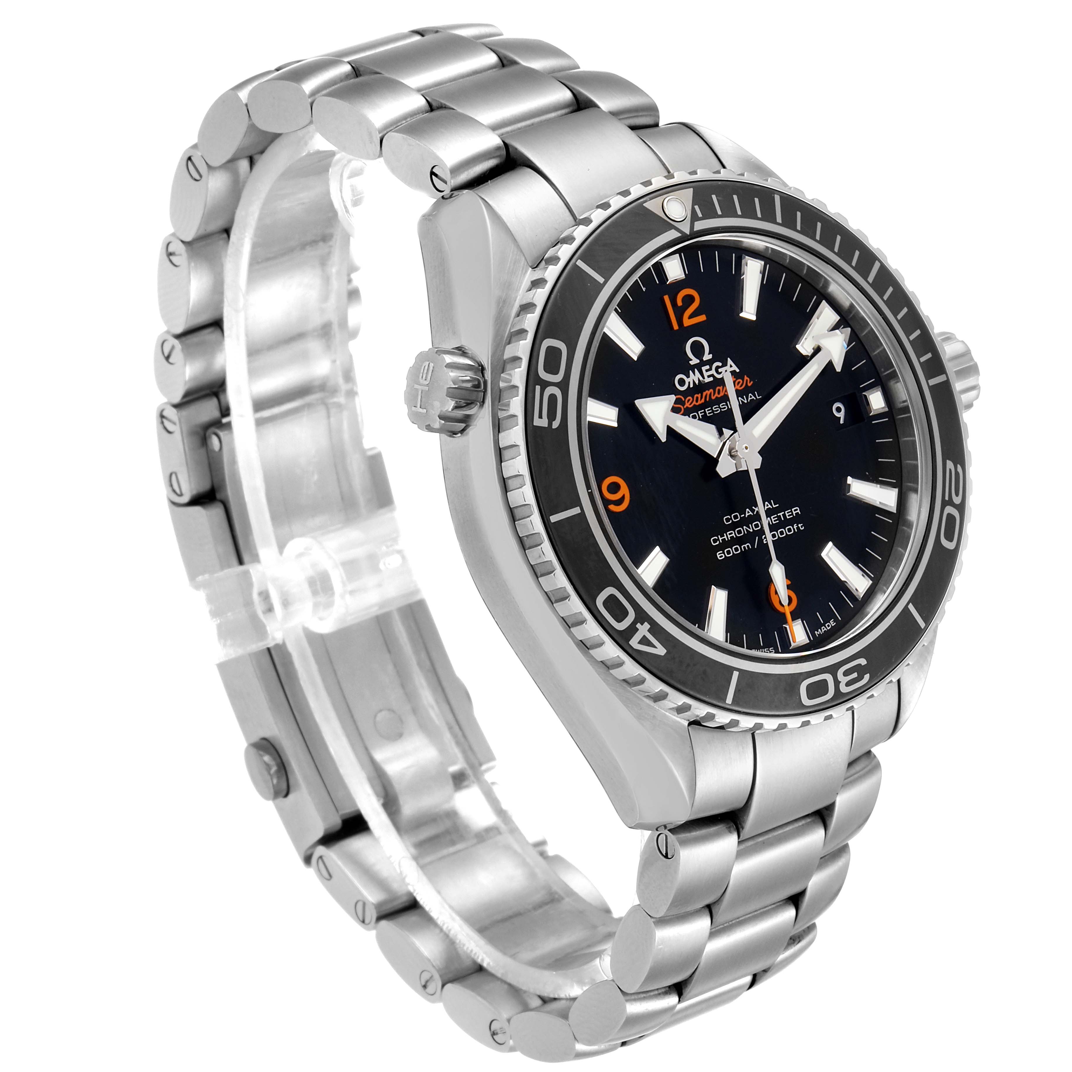 This image shows the Omega Planet Ocean 232.30.38.20.01.002 Men
s Stainless Steel Black Dial 232.30.38.20.01.002 Men
s Stainless Steel Black Dial watch at a three-quarter angle, displaying its face, bezel, crown, and bracelet.