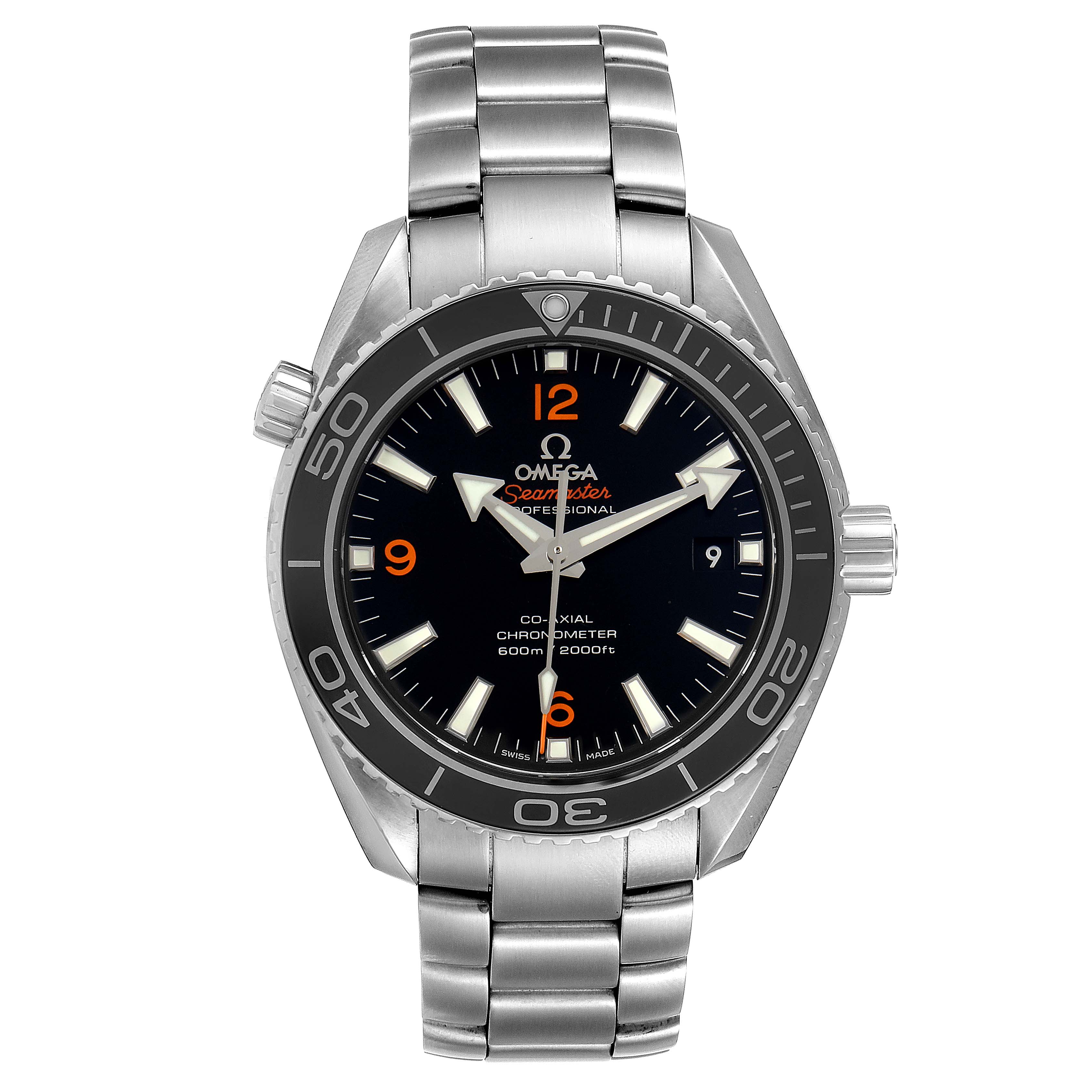 The image shows a frontal view of the Omega Planet Ocean 232.30.38.20.01.002 Men
s Stainless Steel Black Dial 232.30.38.20.01.002 Men
s Stainless Steel Black Dial watch, including its dial, bezel, crown, and stainless steel bracelet.
