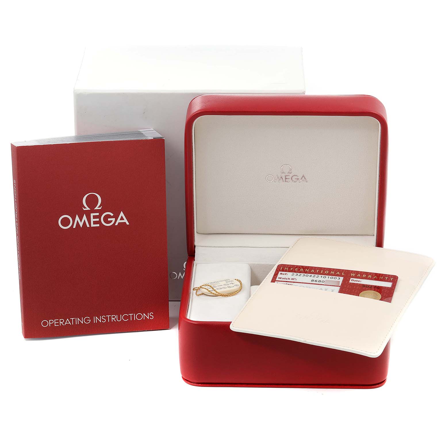 This image shows the box, operating instructions, international warranty, and hang tag of the Omega Planet Ocean 232.30.38.20.01.002 Men
s Stainless Steel Black Dial 232.30.38.20.01.002 Men
s Stainless Steel Black Dial watch.