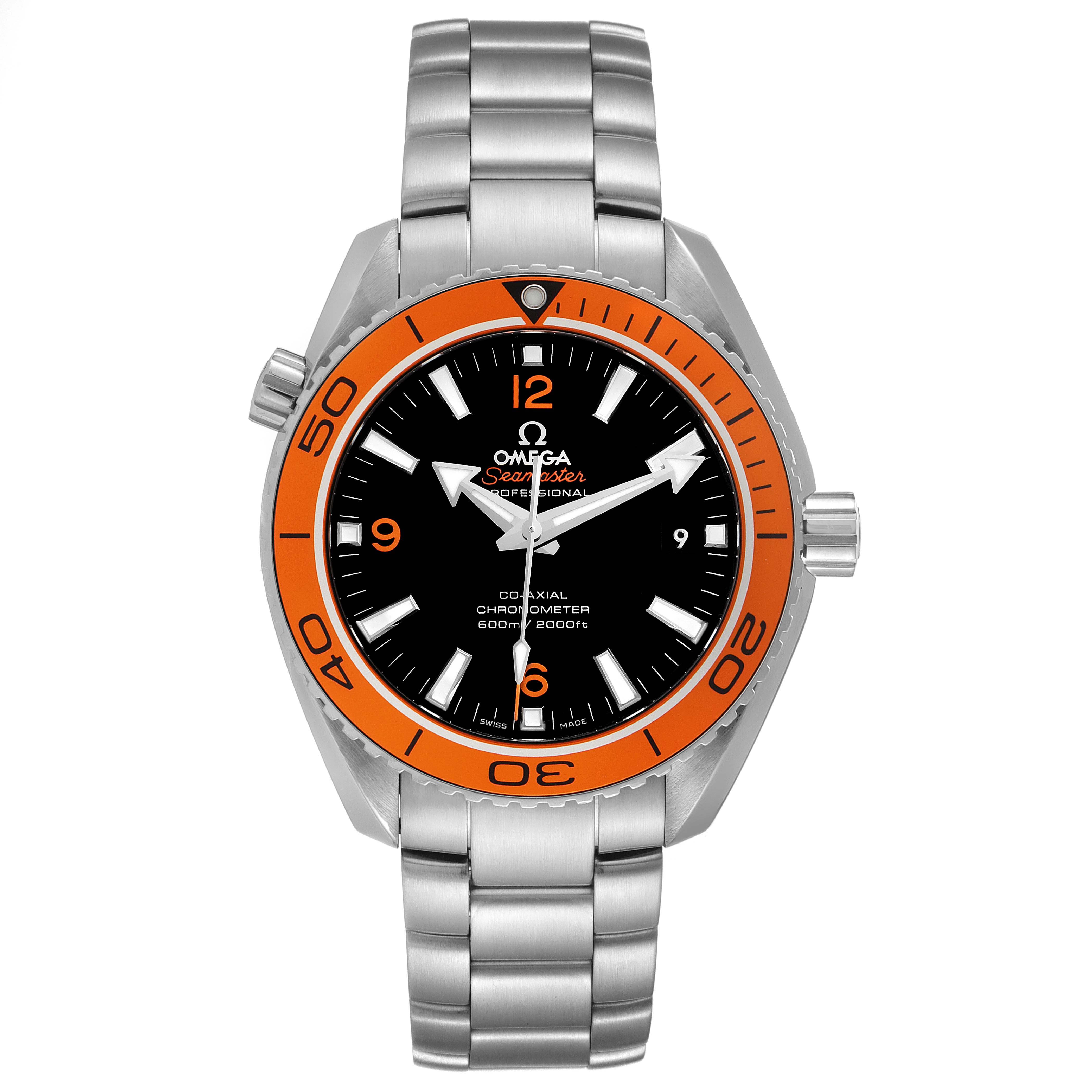 The image shows a front view of an Omega Planet Ocean 232.30.42.21.01.002 Men's Stainless Steel Black Dial 232.30.42.21.01.002 Men's Stainless Steel Black Dial watch with an orange bezel and stainless steel bracelet.