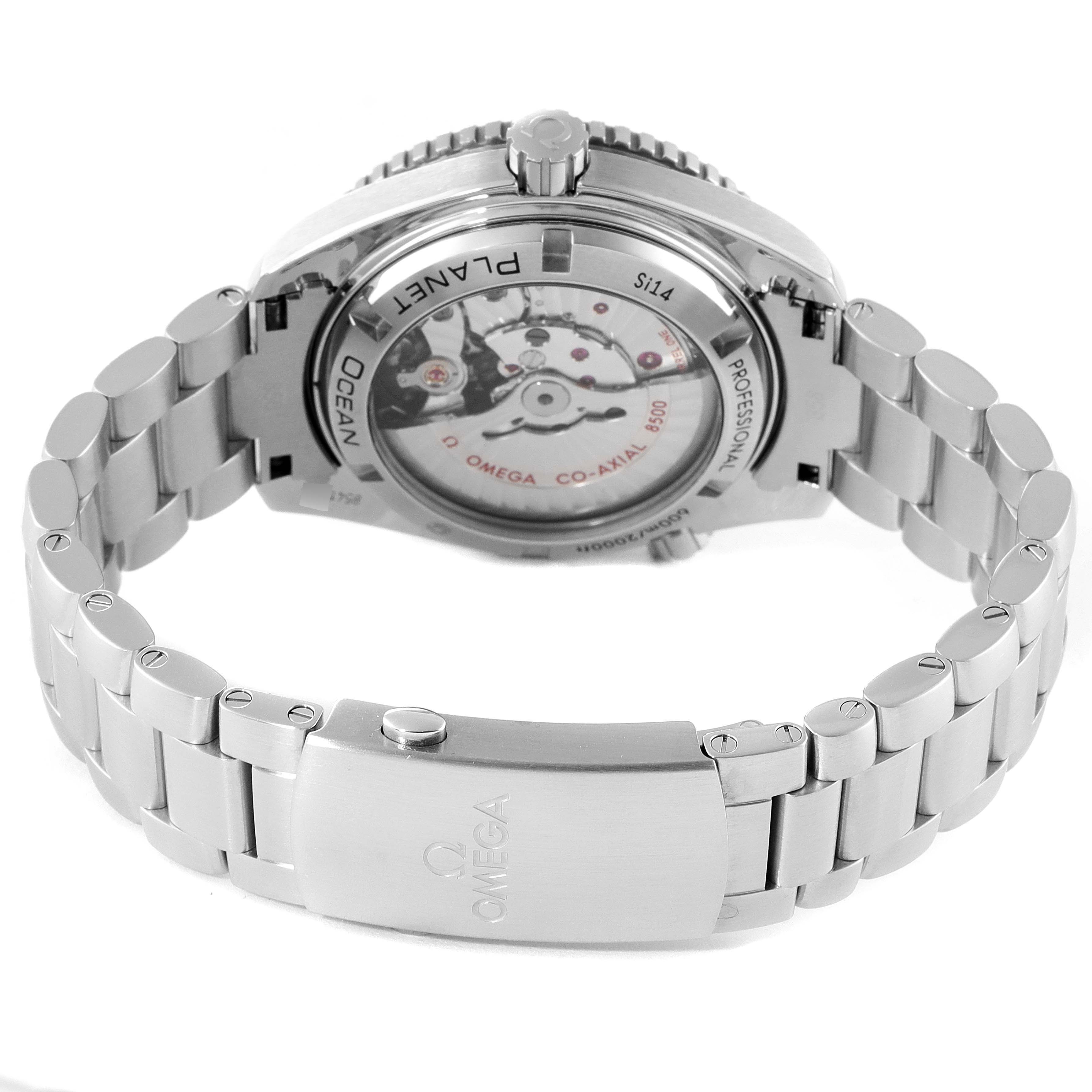 The image shows the back view of the Omega Planet Ocean 232.30.42.21.01.002 Men's Stainless Steel Black Dial 232.30.42.21.01.002 Men's Stainless Steel Black Dial watch, highlighting the case back and metal bracelet.