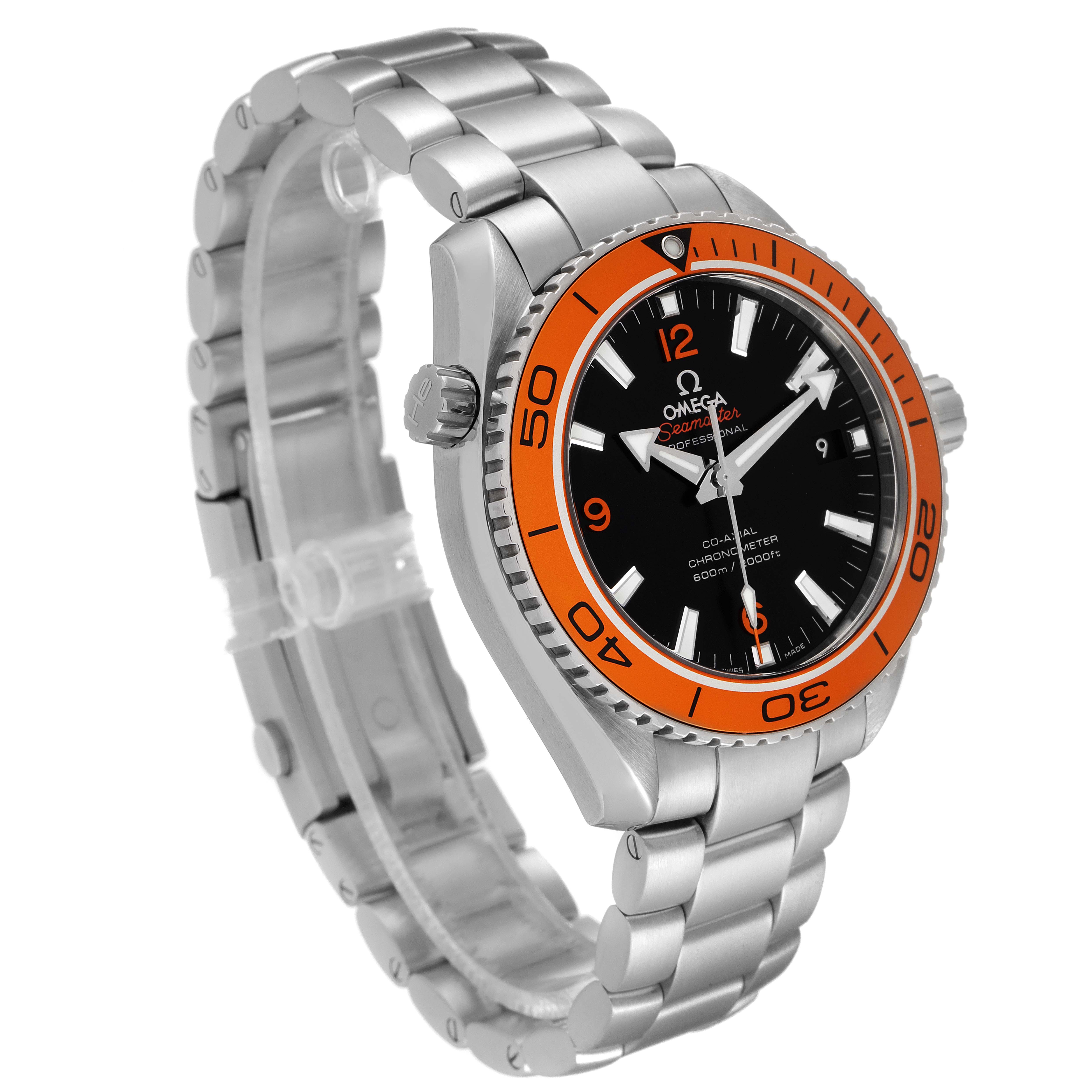 The image shows an Omega Planet Ocean 232.30.42.21.01.002 Men's Stainless Steel Black Dial 232.30.42.21.01.002 Men's Stainless Steel Black Dial watch, angled to display its face, bezel, crown, and bracelet.