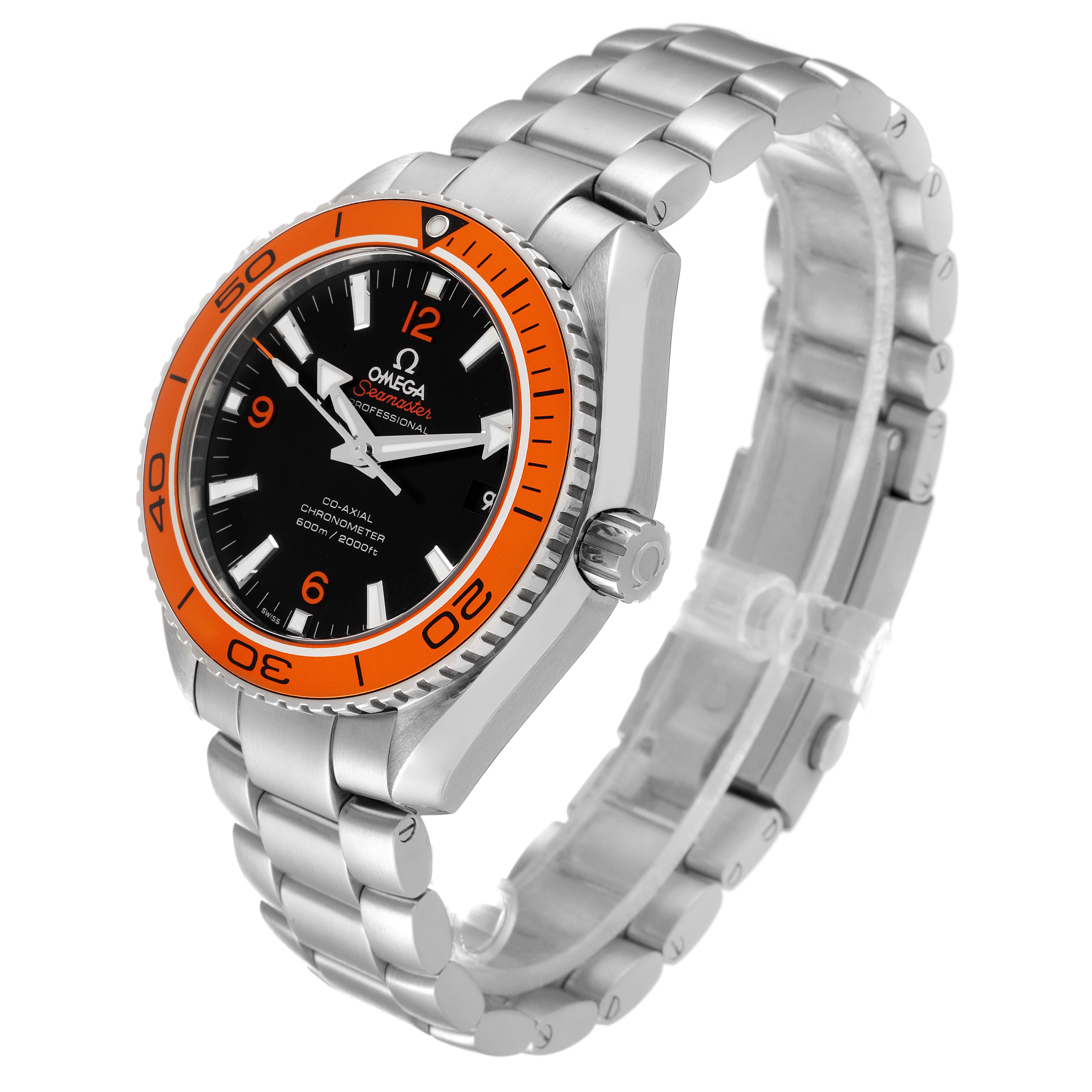 The Omega Planet Ocean 232.30.42.21.01.002 Men's Stainless Steel Black Dial 232.30.42.21.01.002 Men's Stainless Steel Black Dial watch is shown at a three-quarter angle, highlighting the orange bezel, black dial, and stainless steel bracelet.