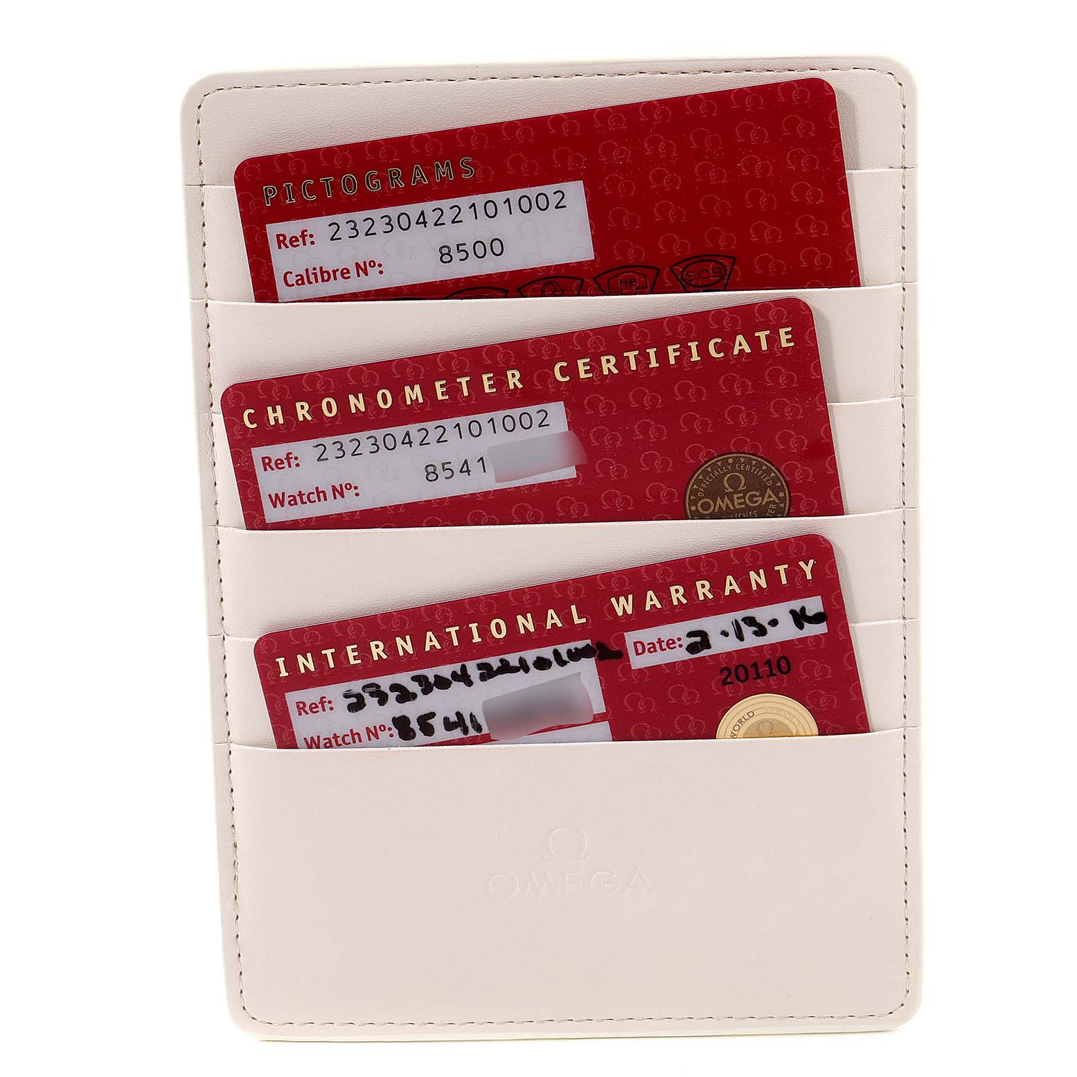 The image shows the certification and warranty cards for the Omega Planet Ocean 232.30.42.21.01.002 Men's Stainless Steel Black Dial 232.30.42.21.01.002 Men's Stainless Steel Black Dial model, displayed in a white cardholder.