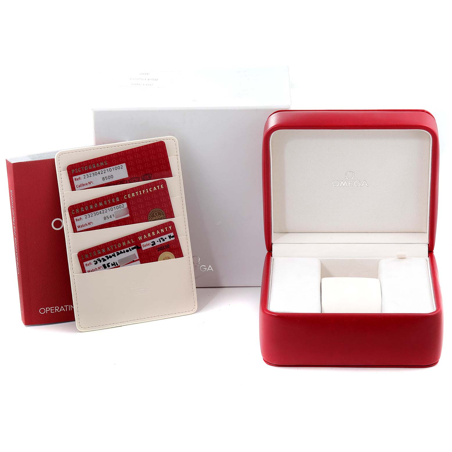 The image shows the packaging, warranty cards, and an empty display box for the Omega Planet Ocean 232.30.42.21.01.002 Men's Stainless Steel Black Dial 232.30.42.21.01.002 Men's Stainless Steel Black Dial watch.