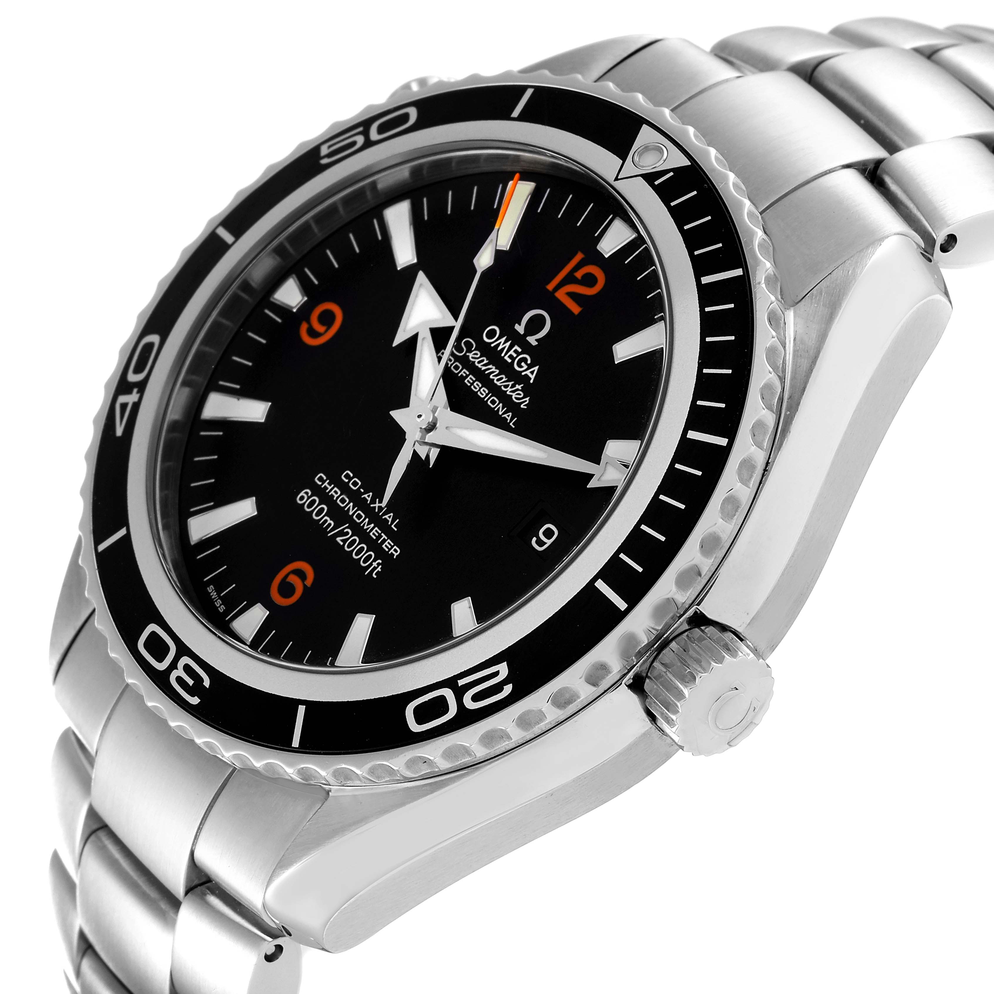 The image shows an Omega Planet Ocean 2200.51.00 Men
s Stainless Steel Black Dial 2200.51.00 Men
s Stainless Steel Black Dial watch at an angled close-up, highlighting the face, bezel, crown, and part of the bracelet.